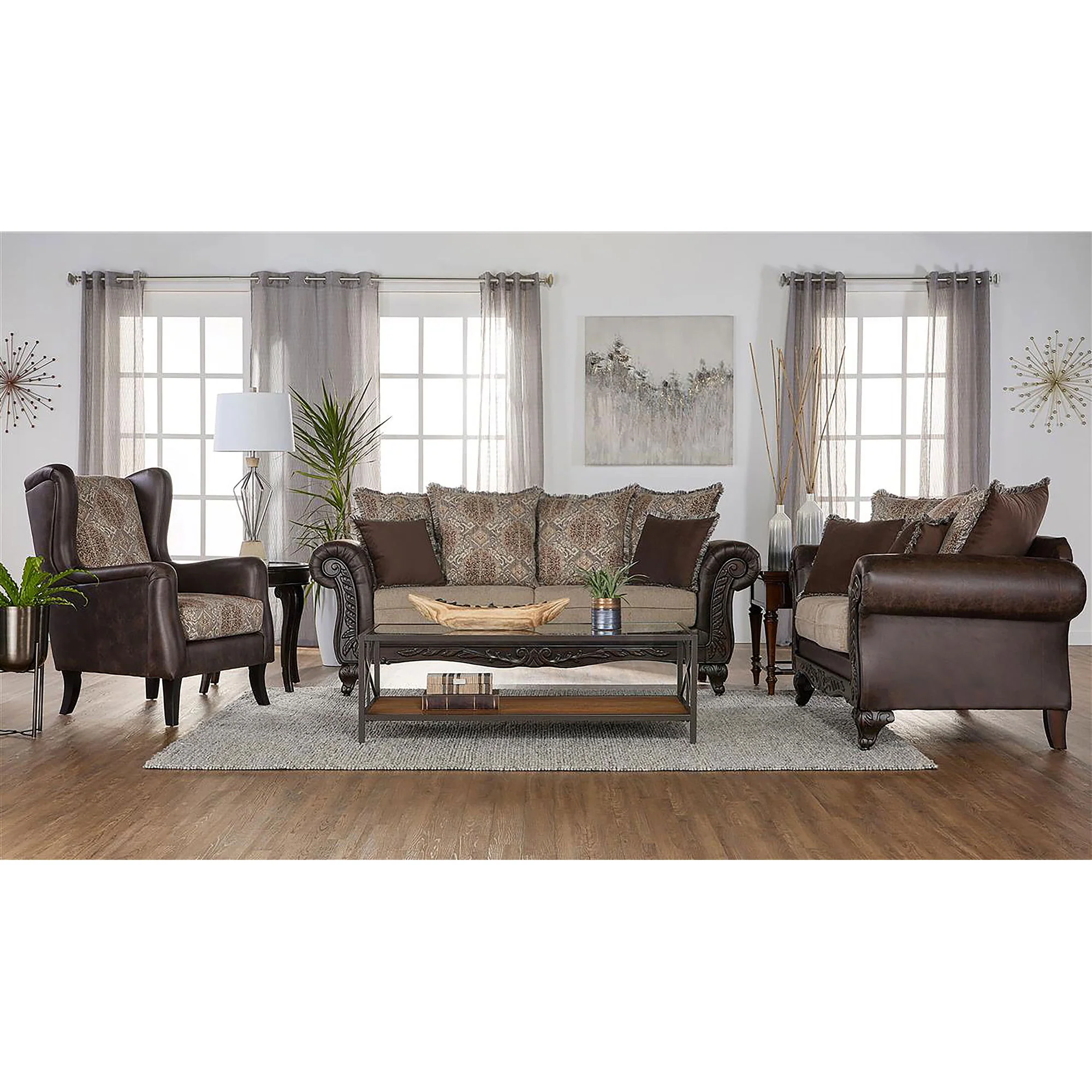 Brookridge - Rolled Arm Sofa With Ornate Details And Mixed Upholstery - Brown - Image 2