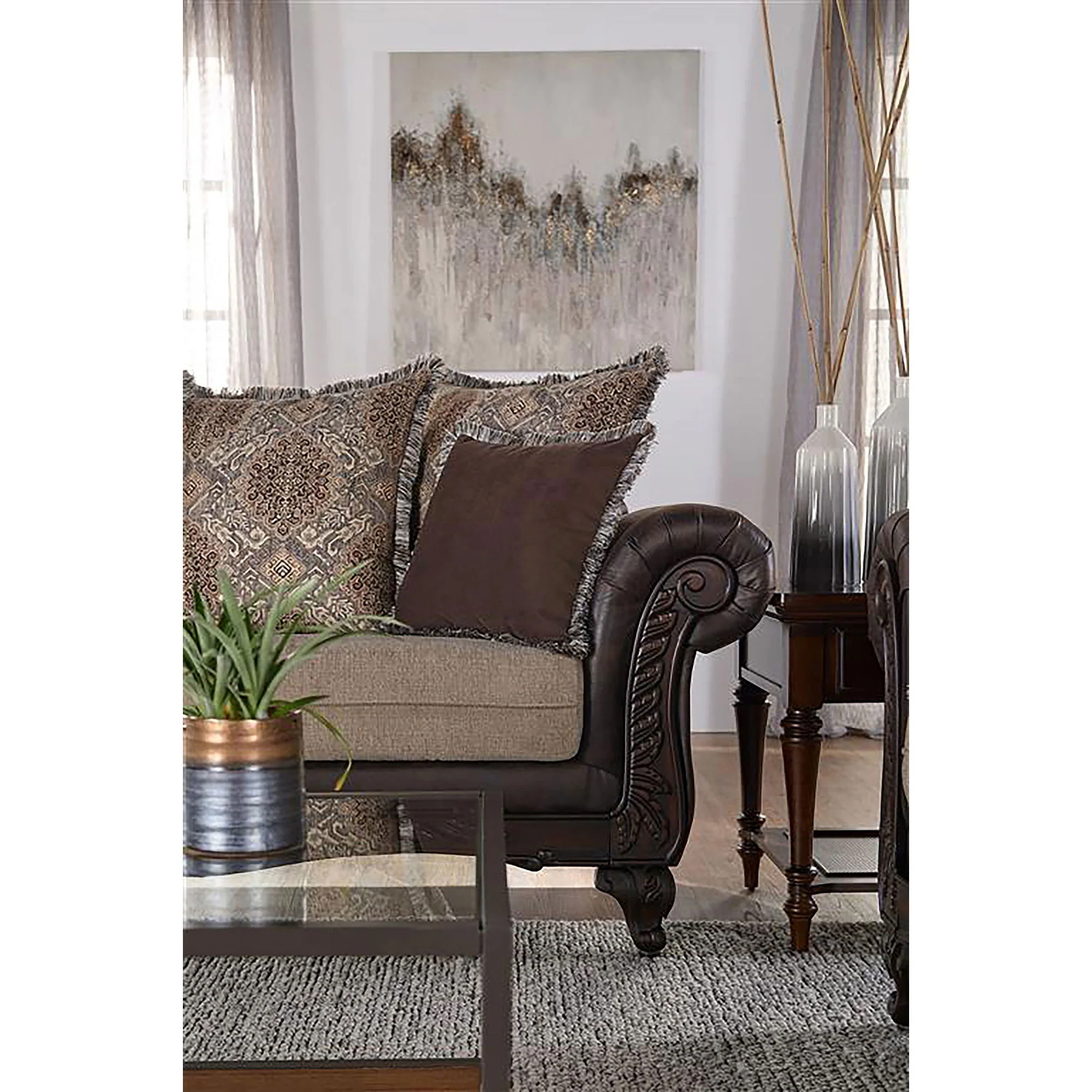 Brookridge - Rolled Arm Sofa With Ornate Details And Mixed Upholstery - Brown - Image 5