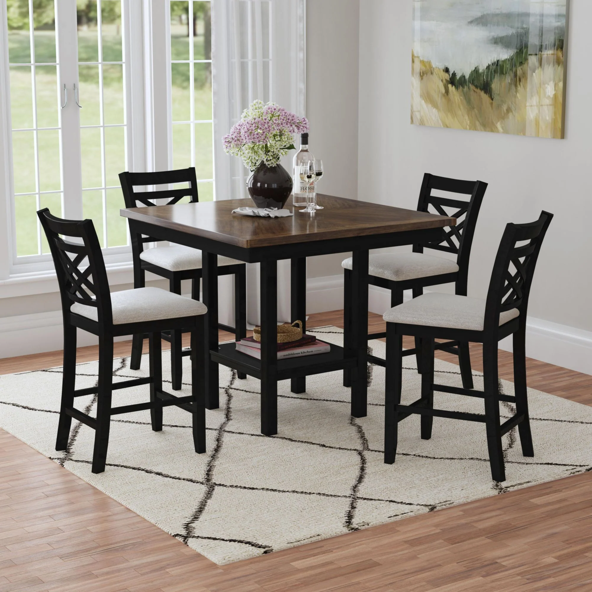 Brooks - 5 Piece Counter Set With Table And 4 Upholstered Seat & Wood Back Chairs - Medium Brown & Black - Image 9