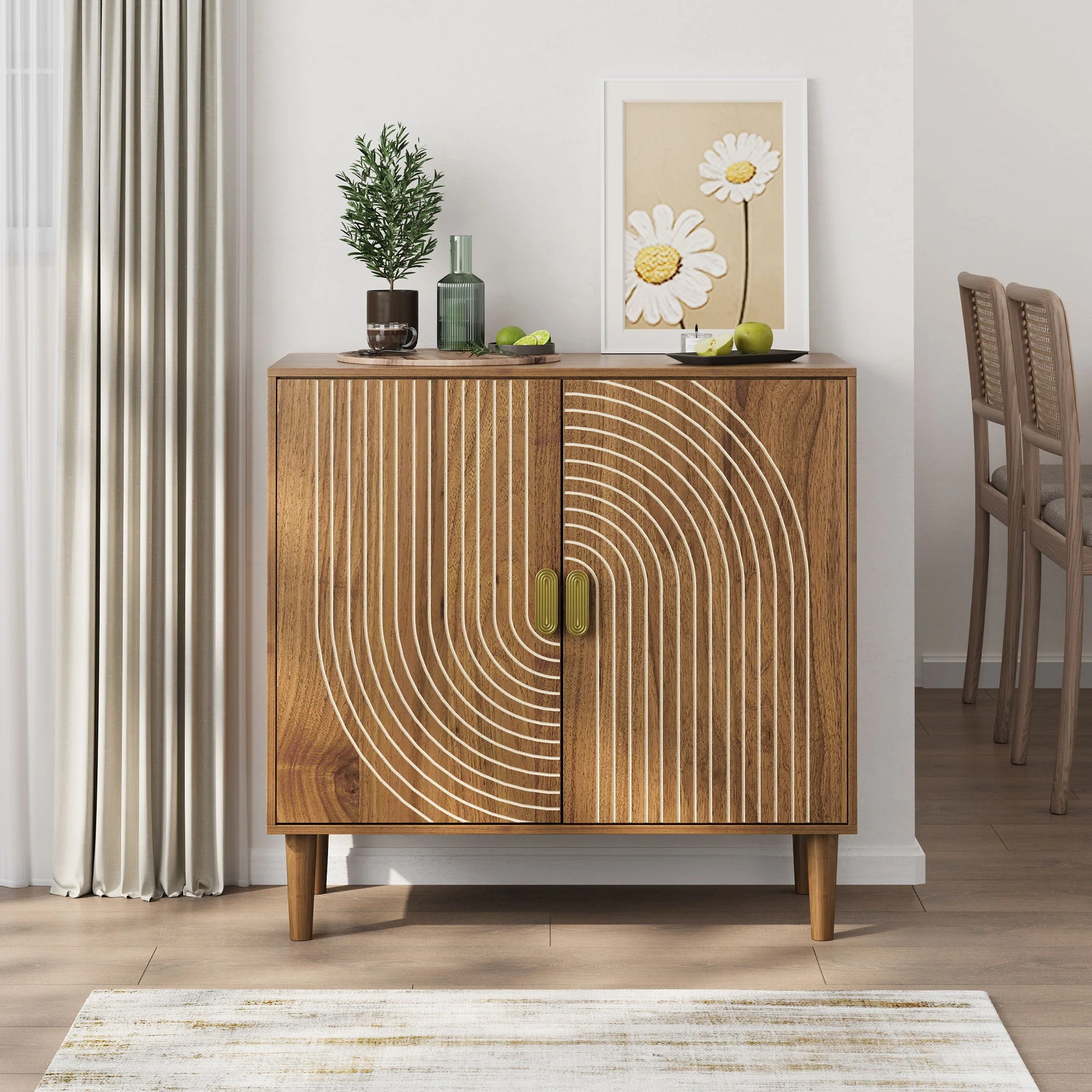 Buffet Cabinet With Line Groove Design, Sideboard Buffet Cabinet With Storage, Multifunctional Accent Cabinet For Living Room, Entryway, Hallway, Office, Kitchen - Brown - Image 2