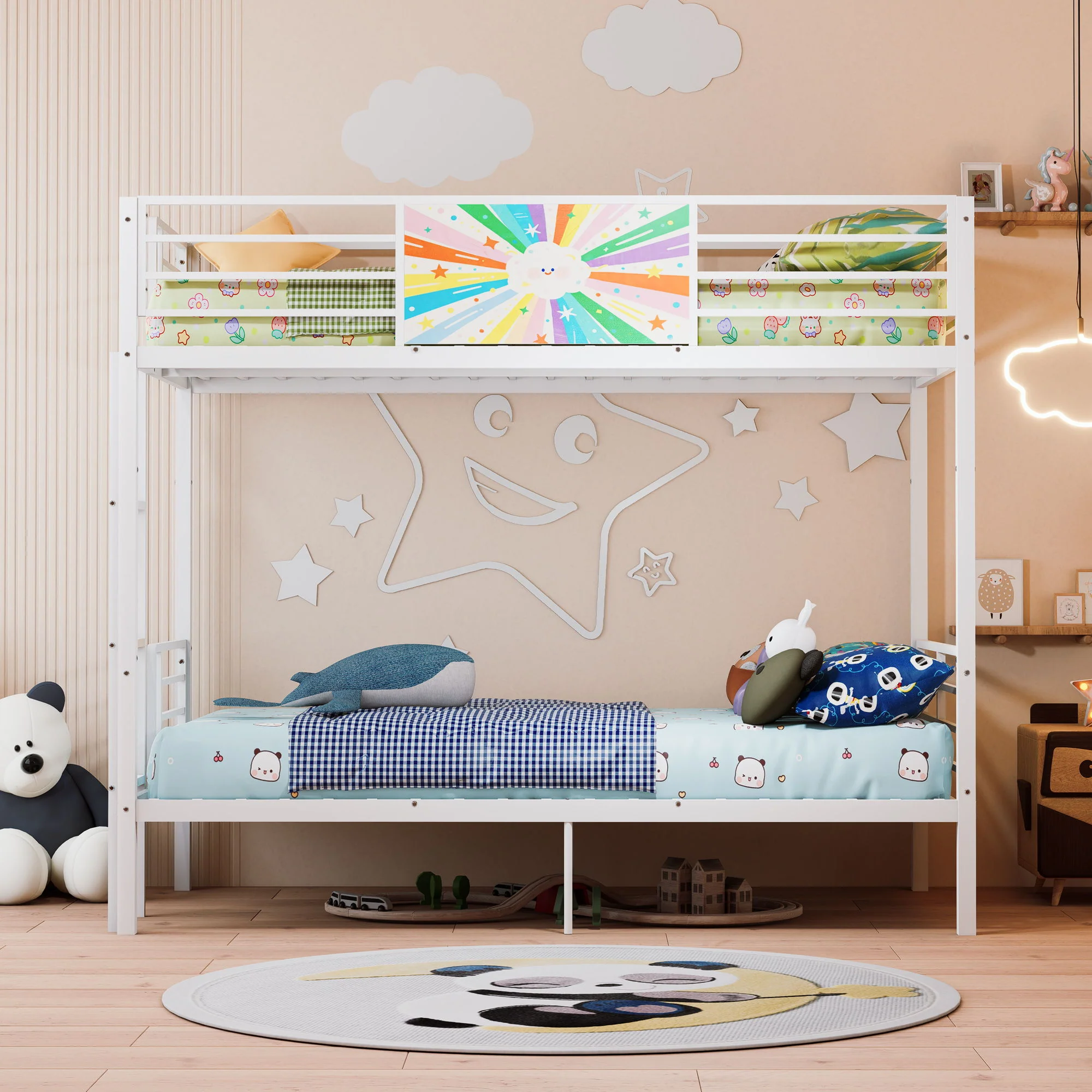Bunk Bed, Convertible To 2 Separate Twin Size Beds & Full Length Guardrail & Ladder, No Box Spring Needed - White - Image 2
