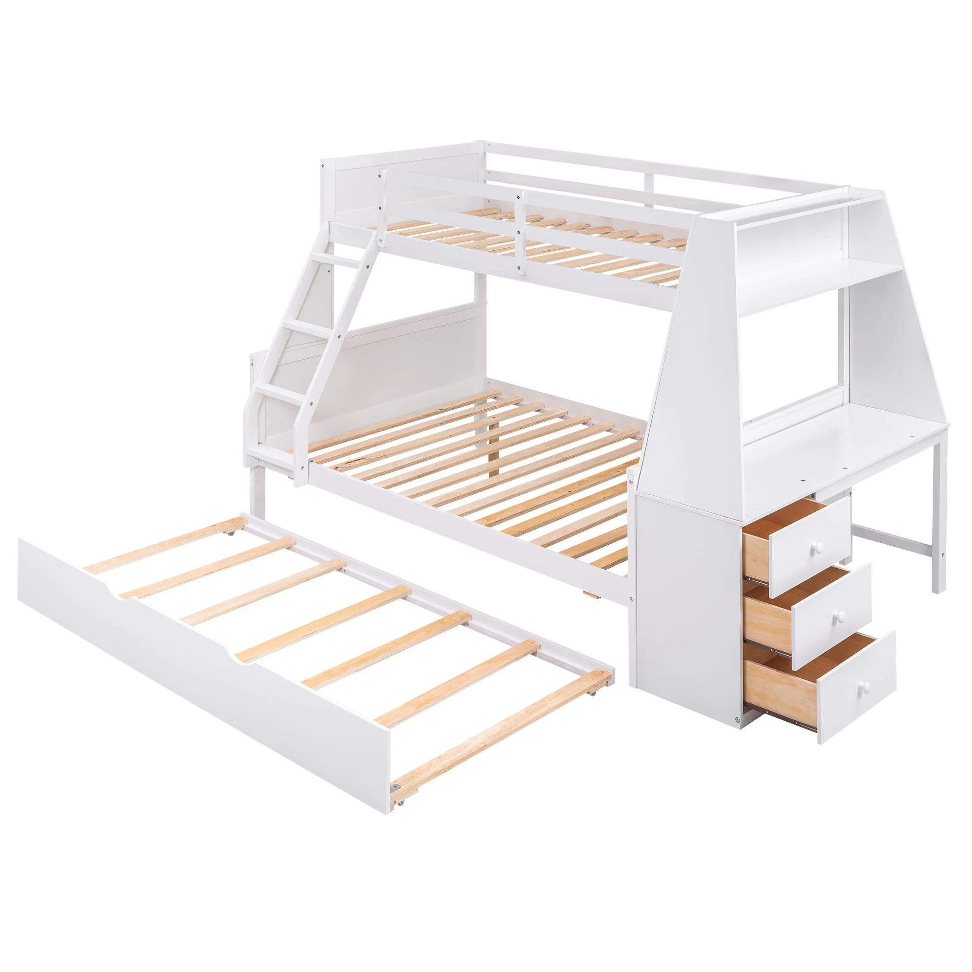 Bunk Bed With Trundle And Built In Desk, 3 Storage Drawers And Shelf - Image 4