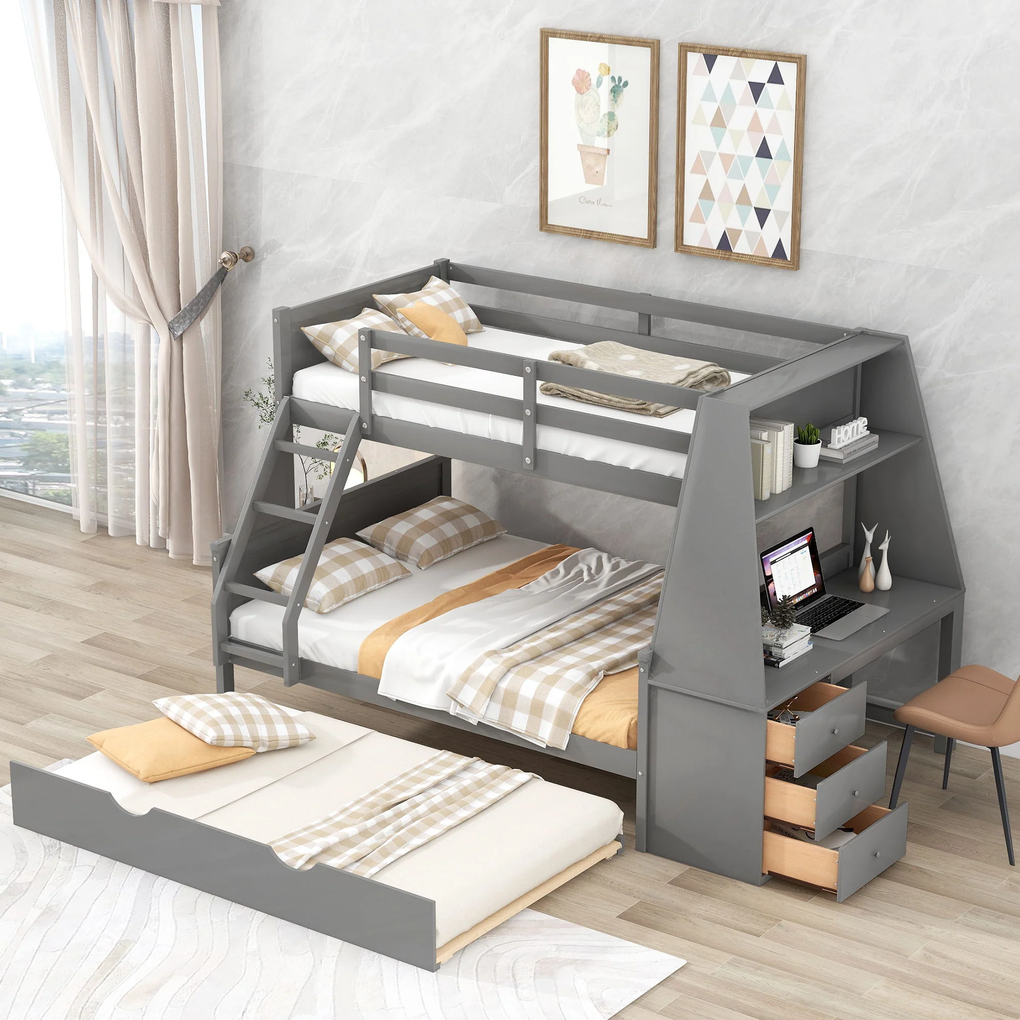 Bunk Bed With Trundle And Built In Desk, 3 Storage Drawers And Shelf - Image 7