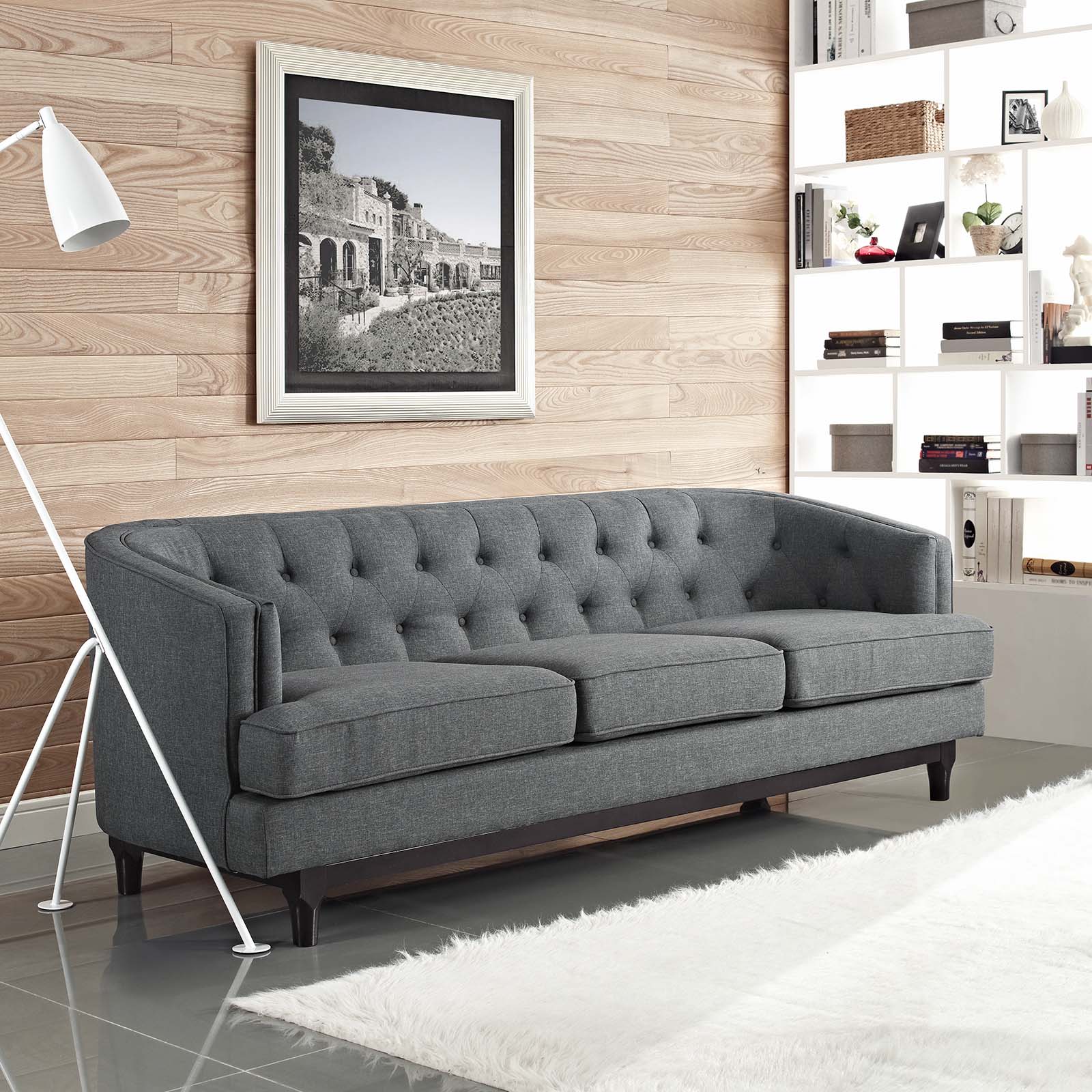 Button-Tufted Fabric Sofa with Walnut Stained Legs - Image 4