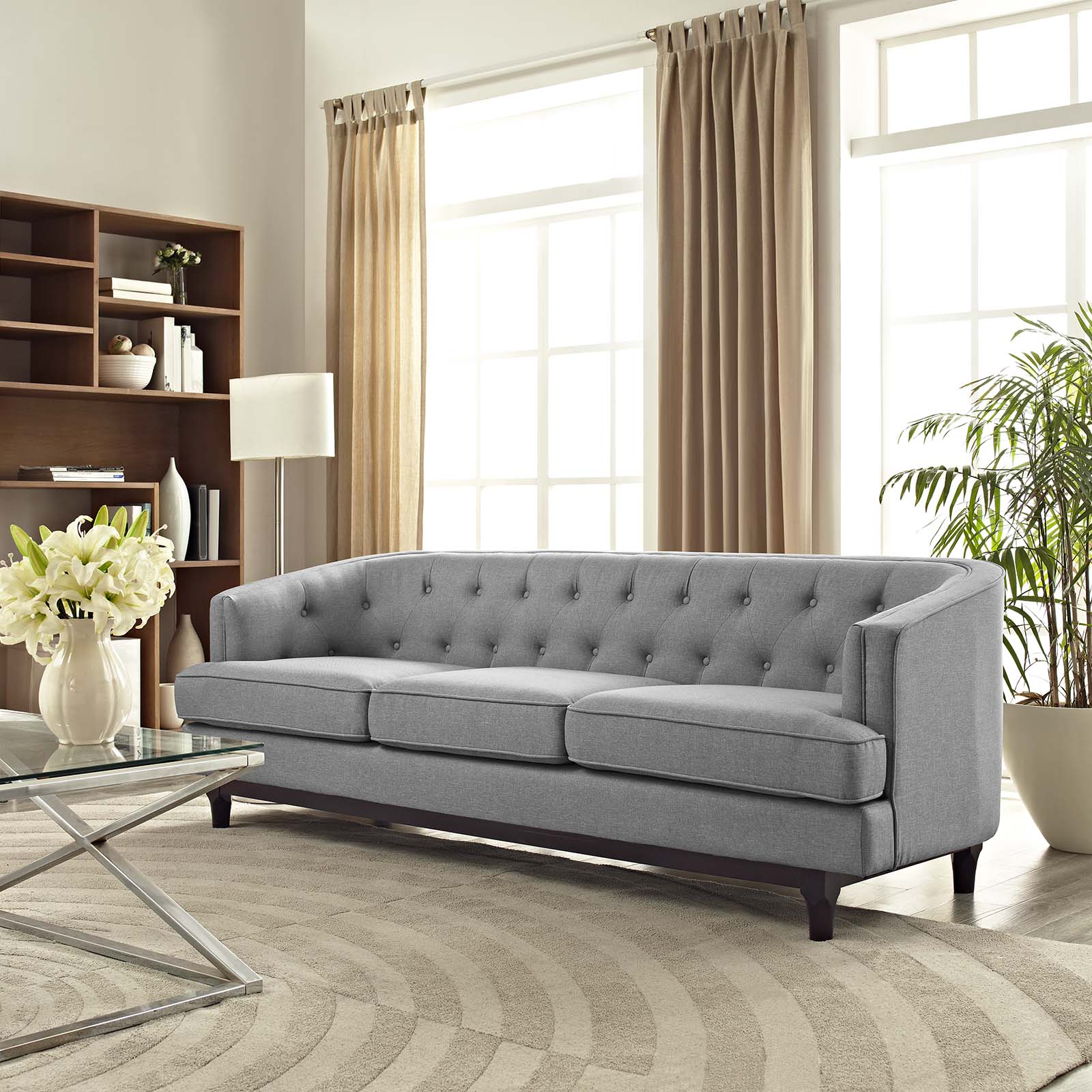 Button-Tufted Fabric Sofa with Walnut Stained Legs - Image 8
