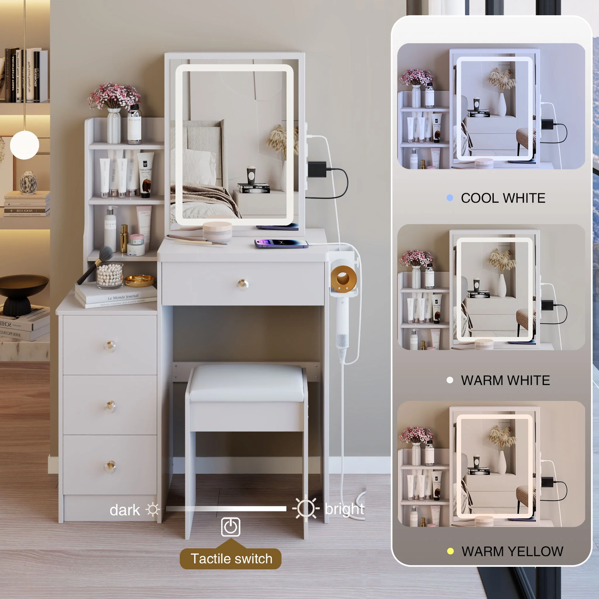 Cabinet Vanity Table & Cushioned Stool, USB Power Station, Hair Dryer Bracket - White - Image 2