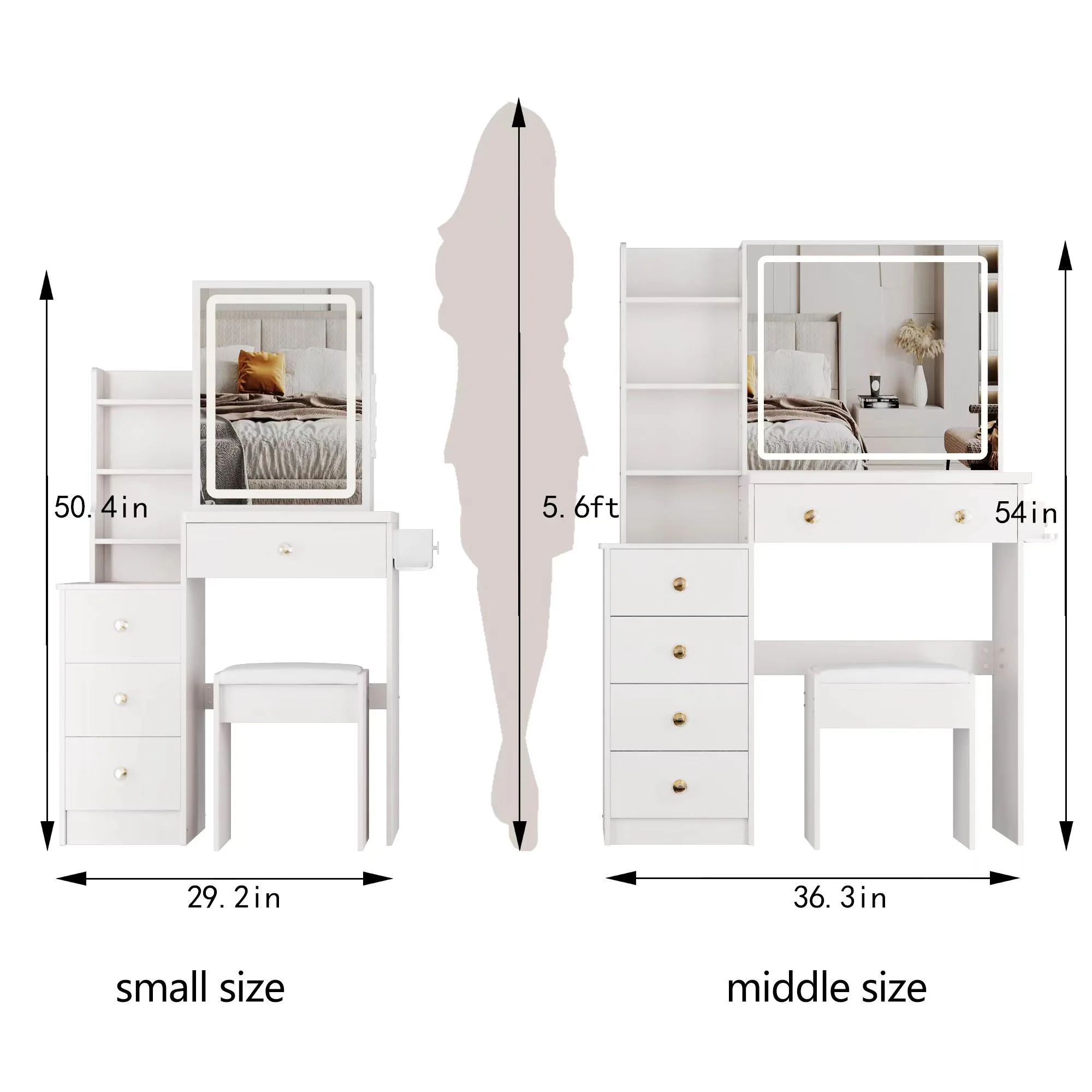 Cabinet Vanity Table & Cushioned Stool, USB Power Station, Hair Dryer Bracket - White - Image 3