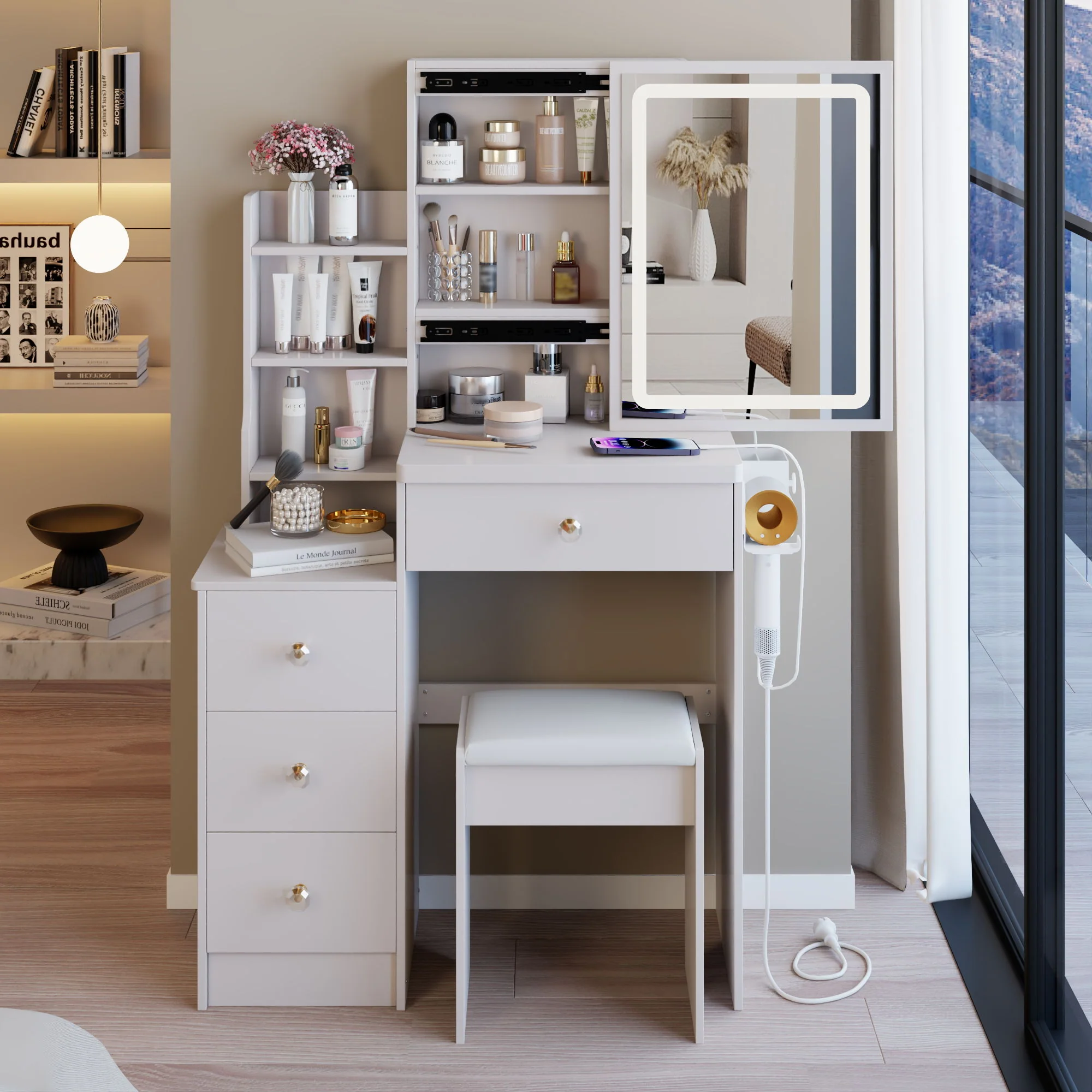 Cabinet Vanity Table & Cushioned Stool, USB Power Station, Hair Dryer Bracket - White - Image 6