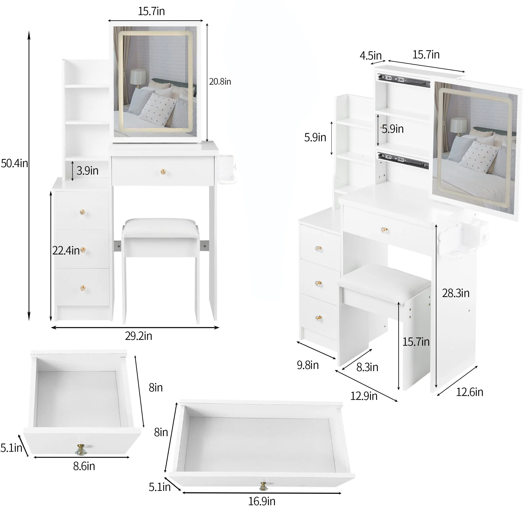 Cabinet Vanity Table & Cushioned Stool, USB Power Station, Hair Dryer Bracket - White - Image 8