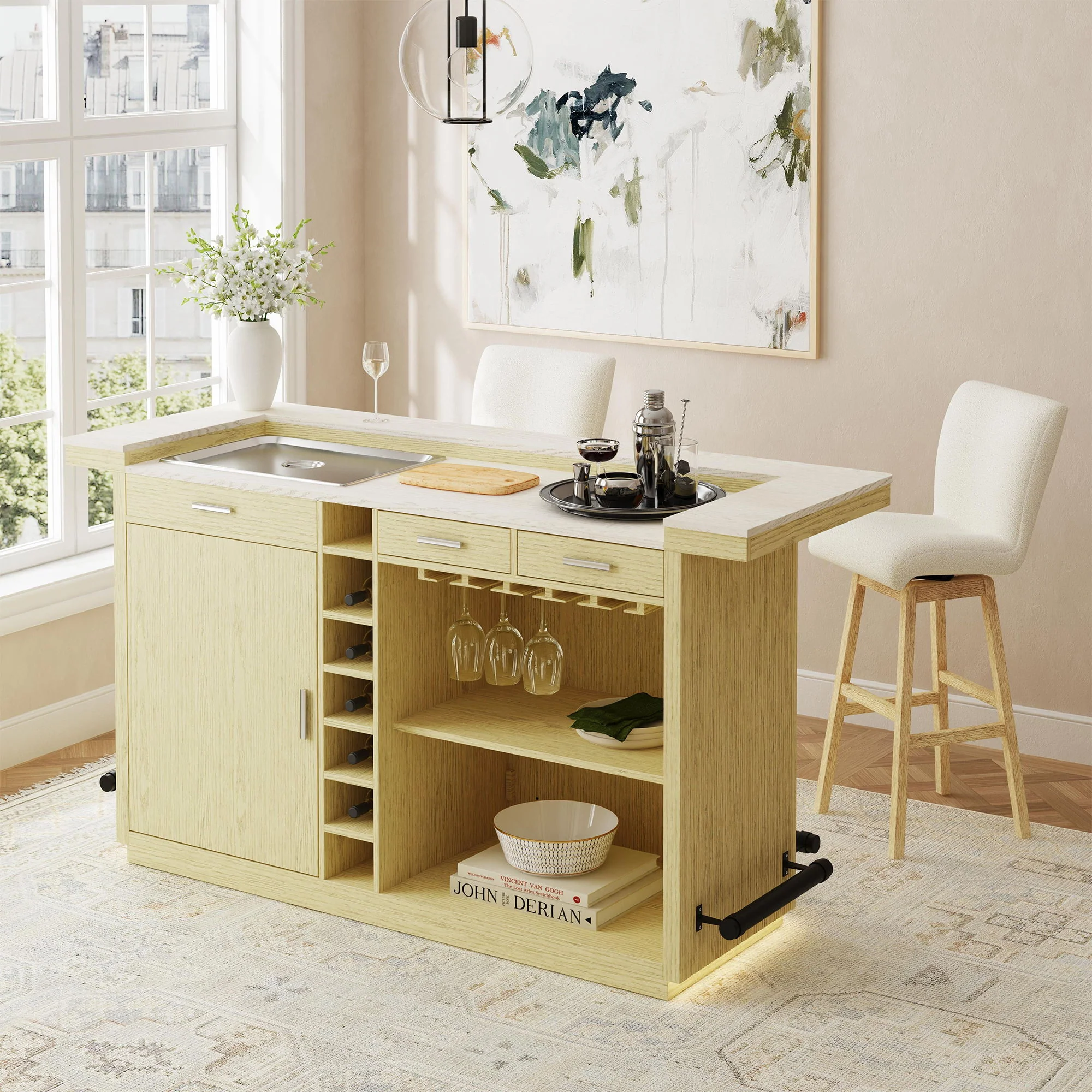 Cambrie - Bar Table With LED - Off-White And Natural - Image 7