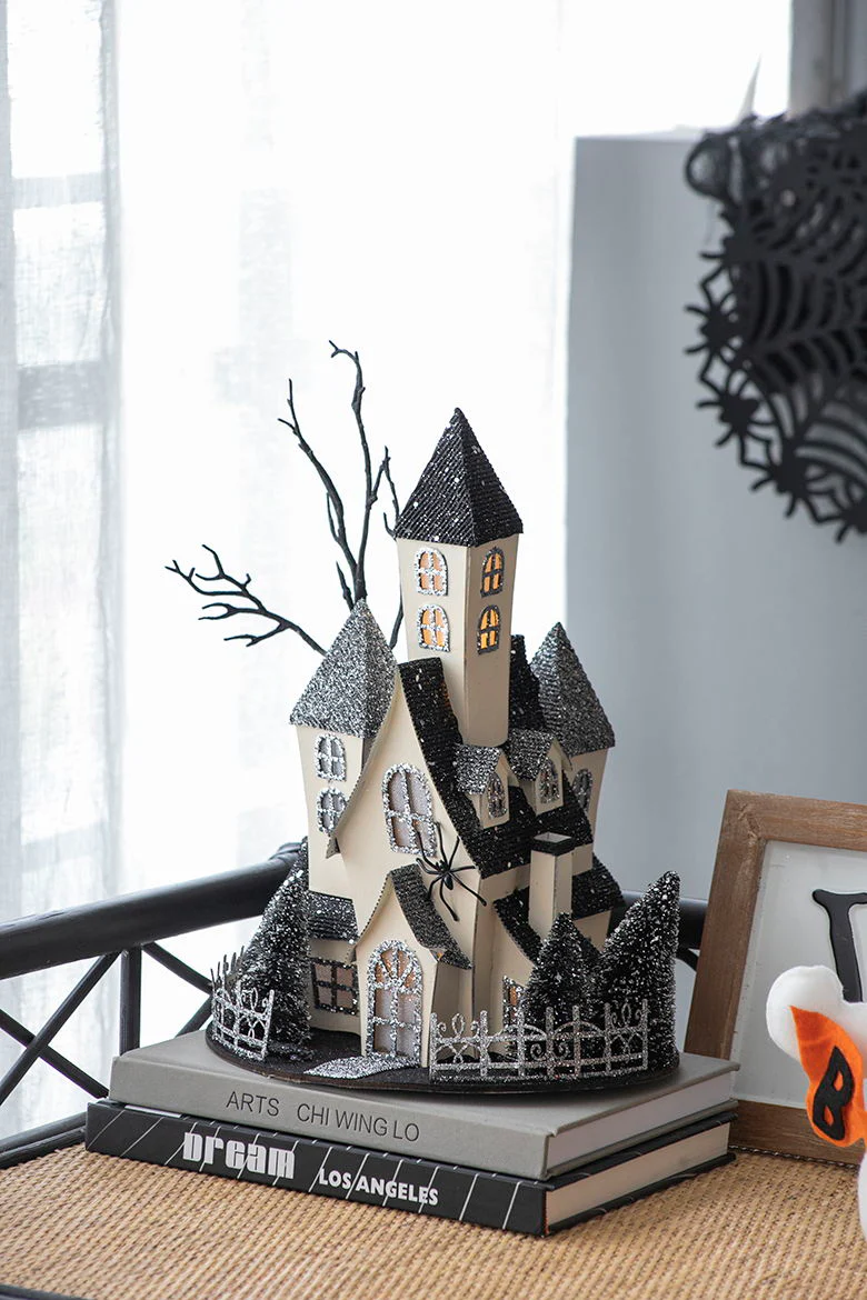 Cardboard Lighted Haunted House, Tabletop Holiday Halloween Decor, Battery Powered - Beige / Black - Image 3
