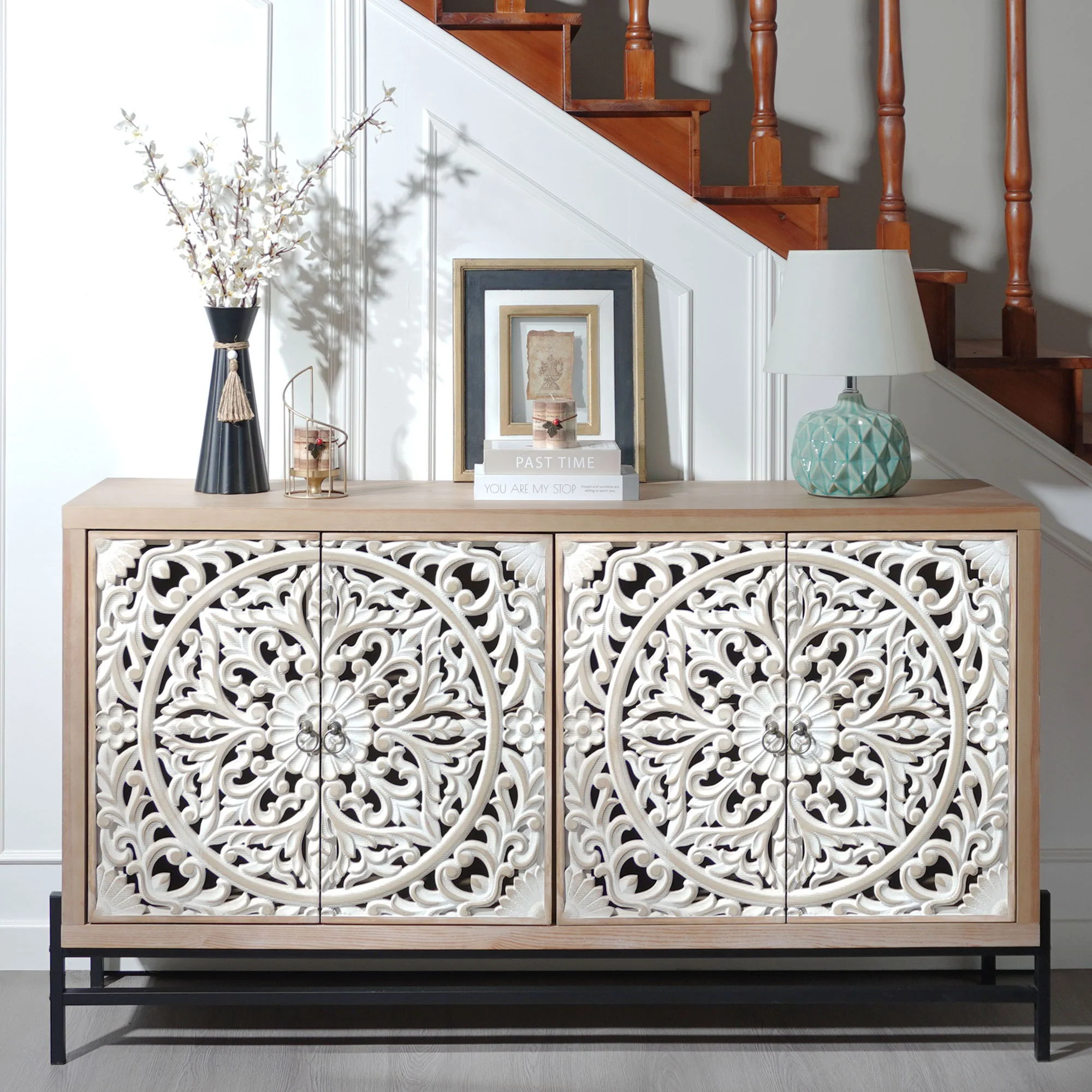 Carved 4 Door Cabinet, Storage Sideboard For Living Room - Multi - Image 2