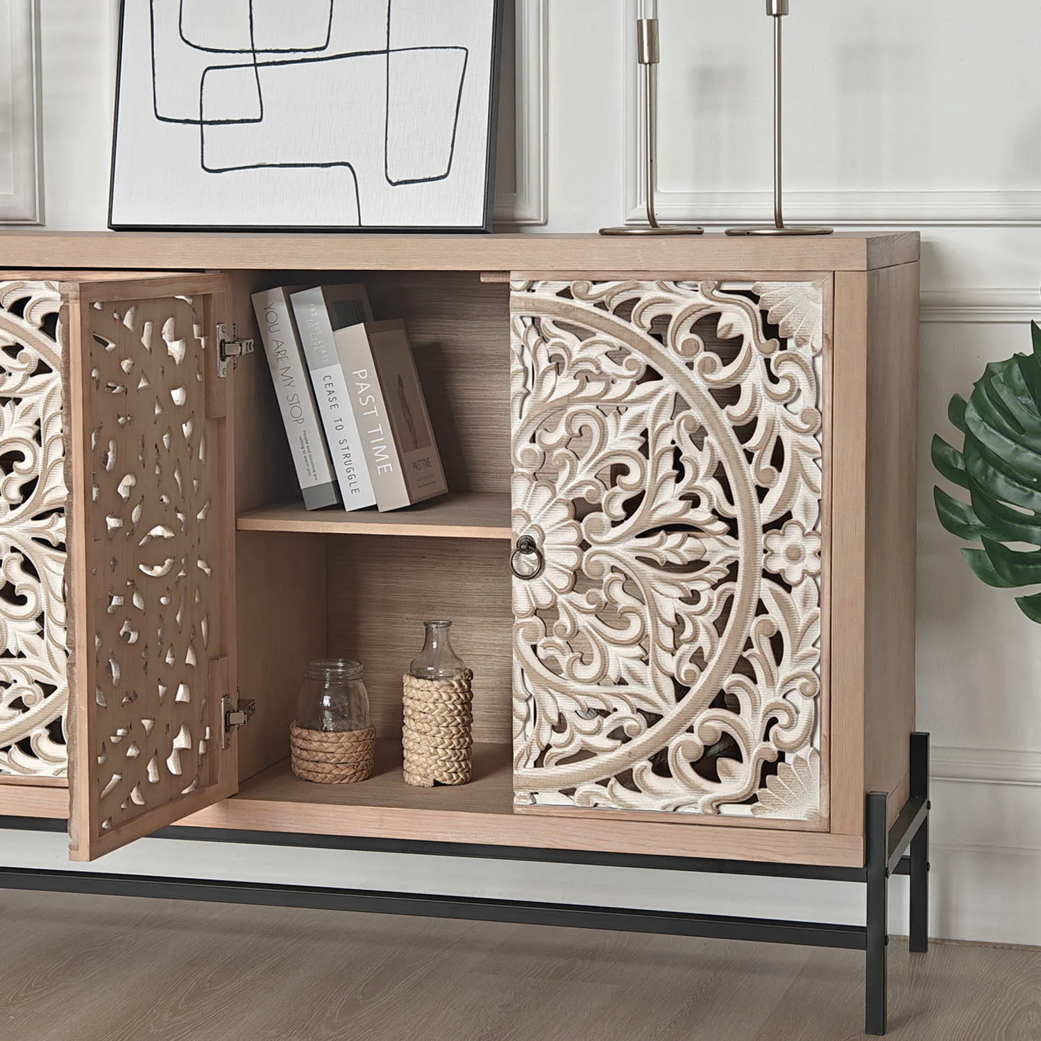 Carved 4 Door Cabinet, Storage Sideboard For Living Room - Multi - Image 7