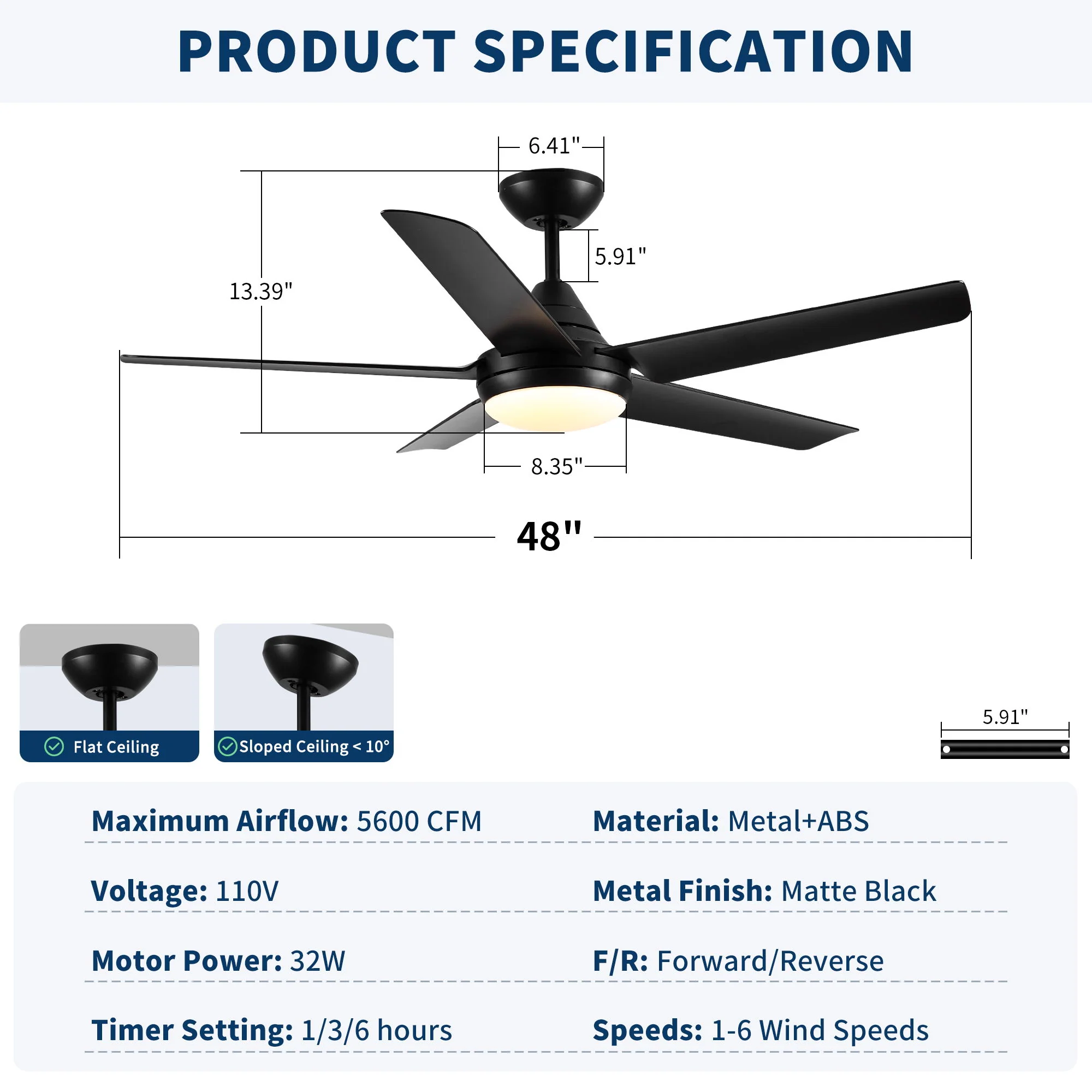 Ceiling Fan With Lights And Remote Control, Reversible DC Motor, 6 Speeds, 3 Cct Dimmable LED, Quiet Timer For Indoor - Black - Image 7