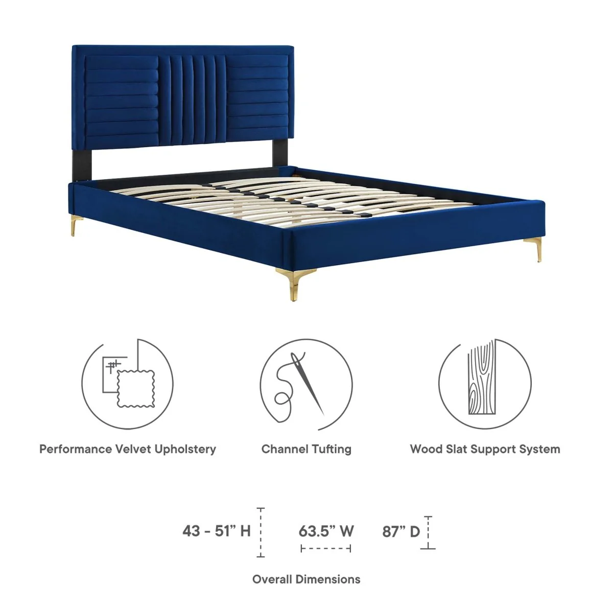 Channel Tufted Performance Velvet Platform Bed with Inset Border and Gold Legs - Image 2