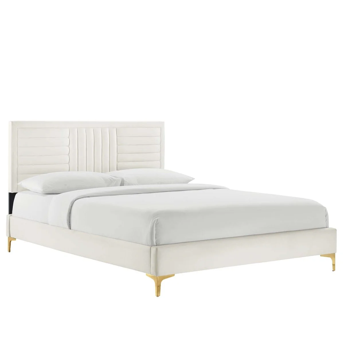 Channel Tufted Performance Velvet Platform Bed with Inset Border and Gold Legs - Image 26