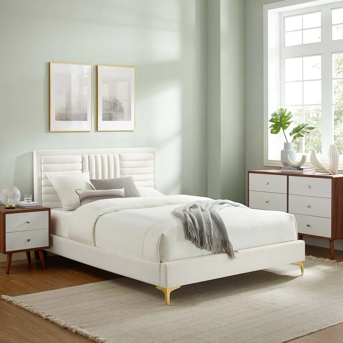 Channel Tufted Performance Velvet Platform Bed with Inset Border and Gold Legs - Image 30