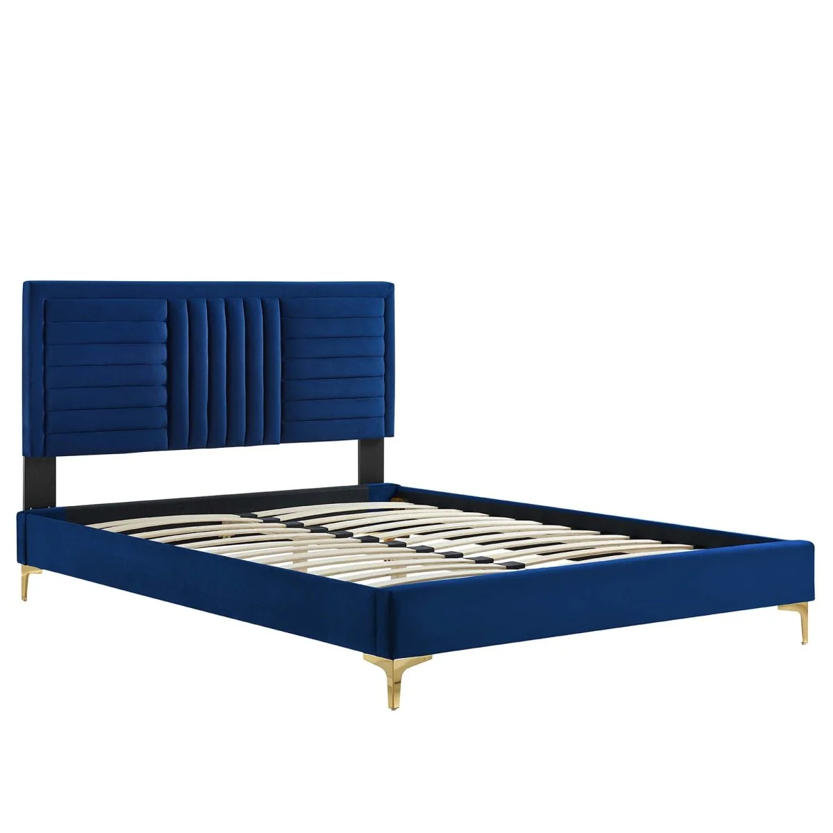 Channel Tufted Performance Velvet Platform Bed with Inset Border and Gold Legs - Image 4