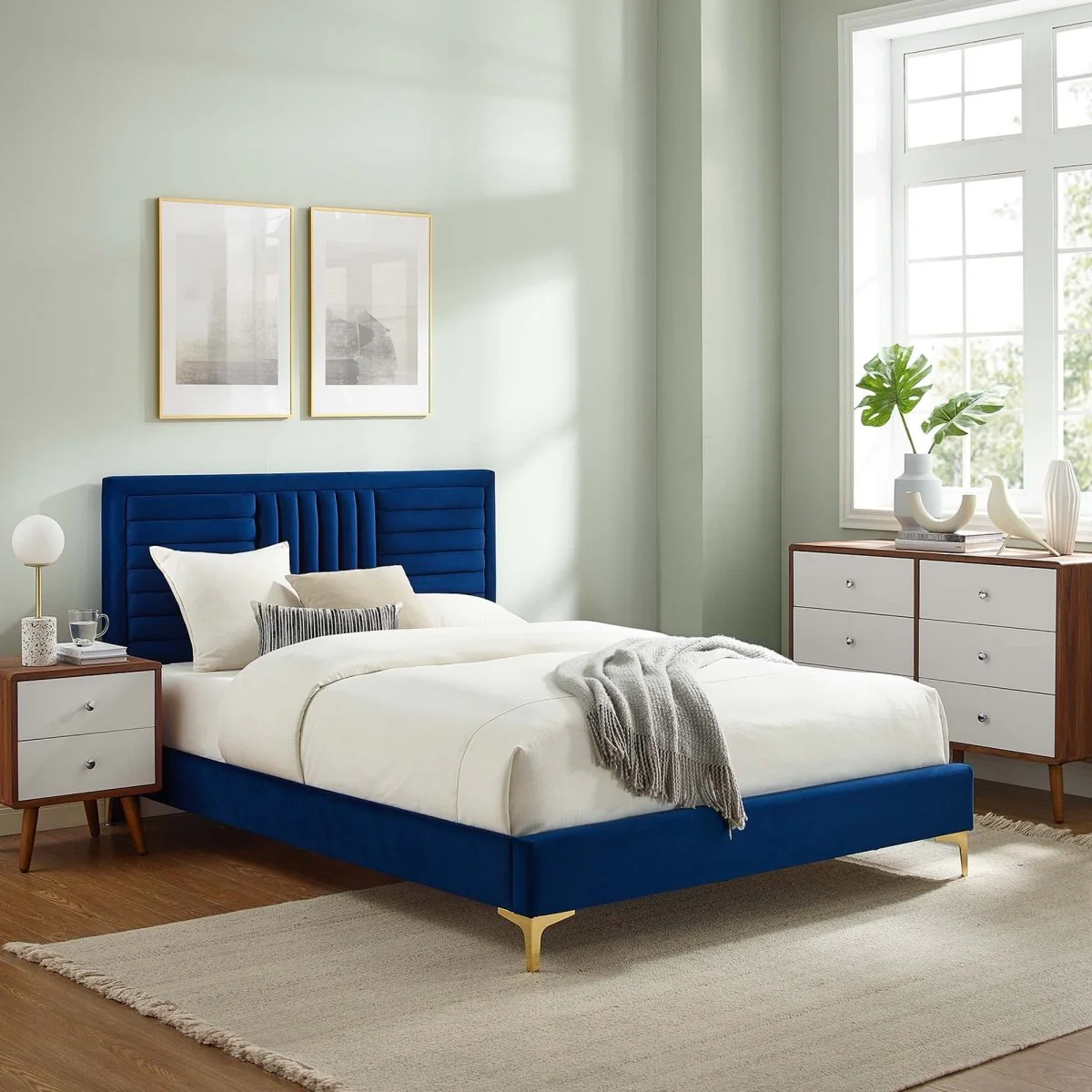 Channel Tufted Performance Velvet Platform Bed with Inset Border and Gold Legs - Image 5