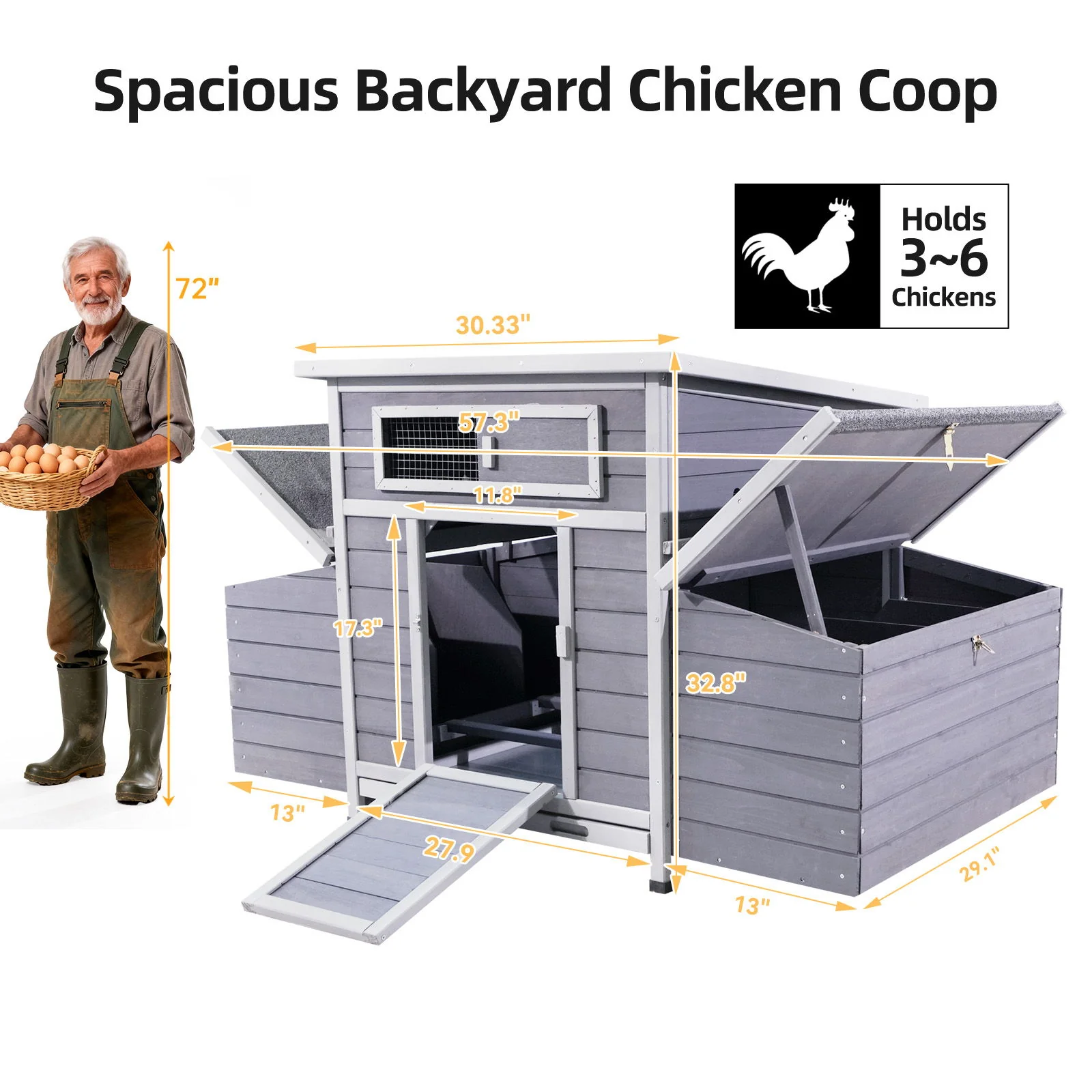 Chicken Coop, Large Outdoor Hen House With Run And Nesting Box Poultry Cage, Rabbit Hutch - Gray - Image 7
