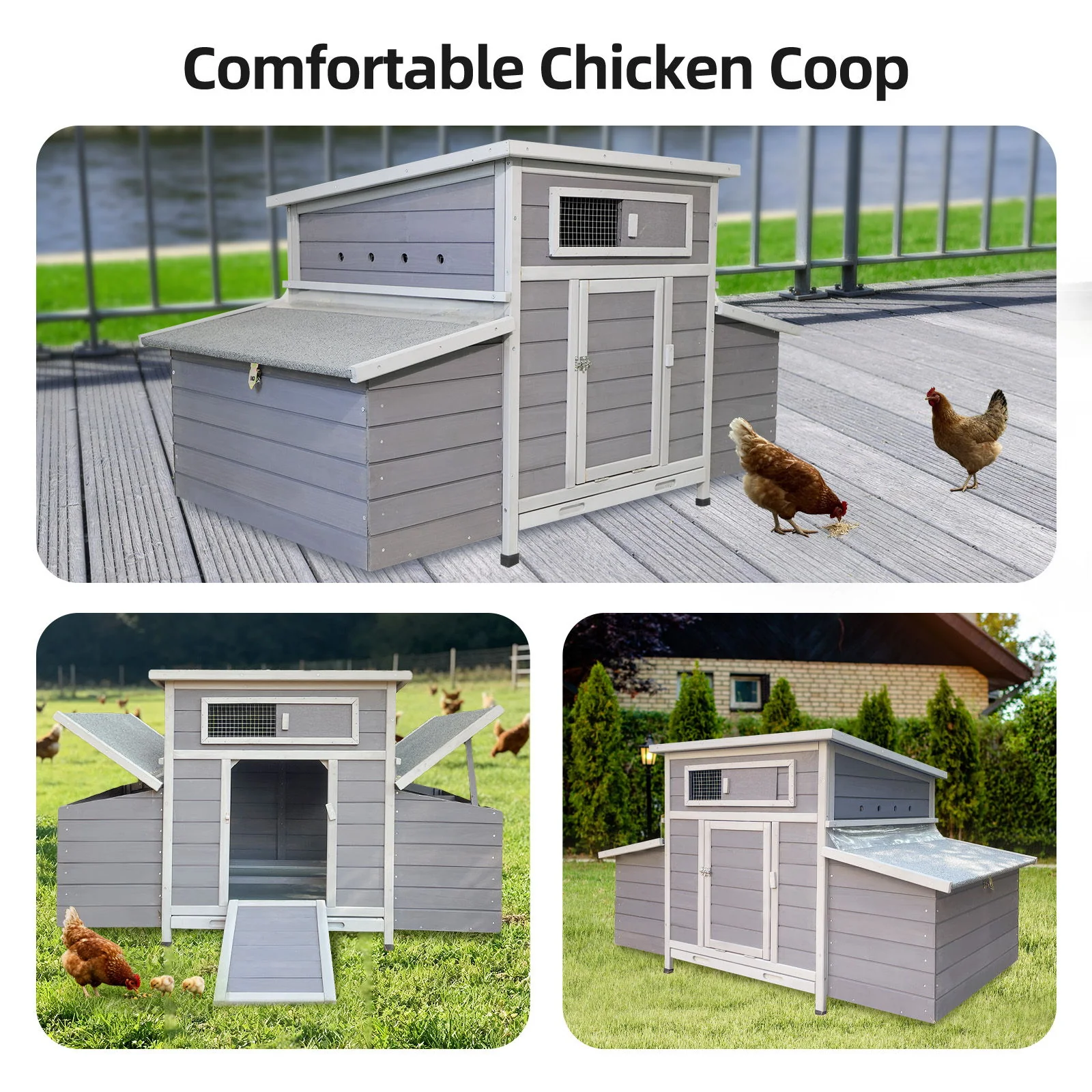 Chicken Coop, Large Outdoor Hen House With Run And Nesting Box Poultry Cage, Rabbit Hutch - Gray - Image 9