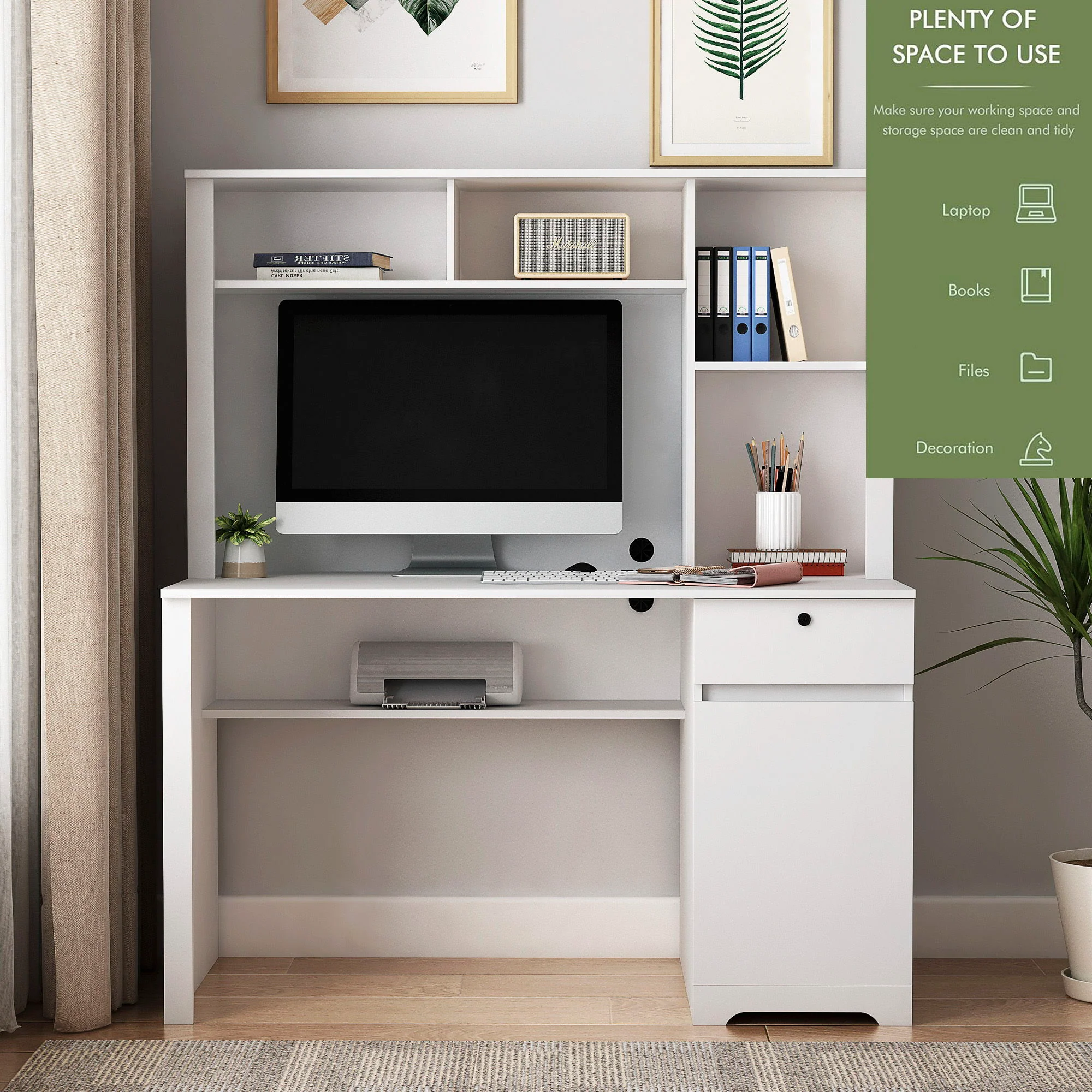 Computer Desk With Hutch & Bookshelf, Wood Executive Desk Teens Student Desk Writing Laptop Home Office Desk With Drawers, 3 Ac Outlets And 2 USB Charging Ports, Study Laptop Table For Home - White - Image 5