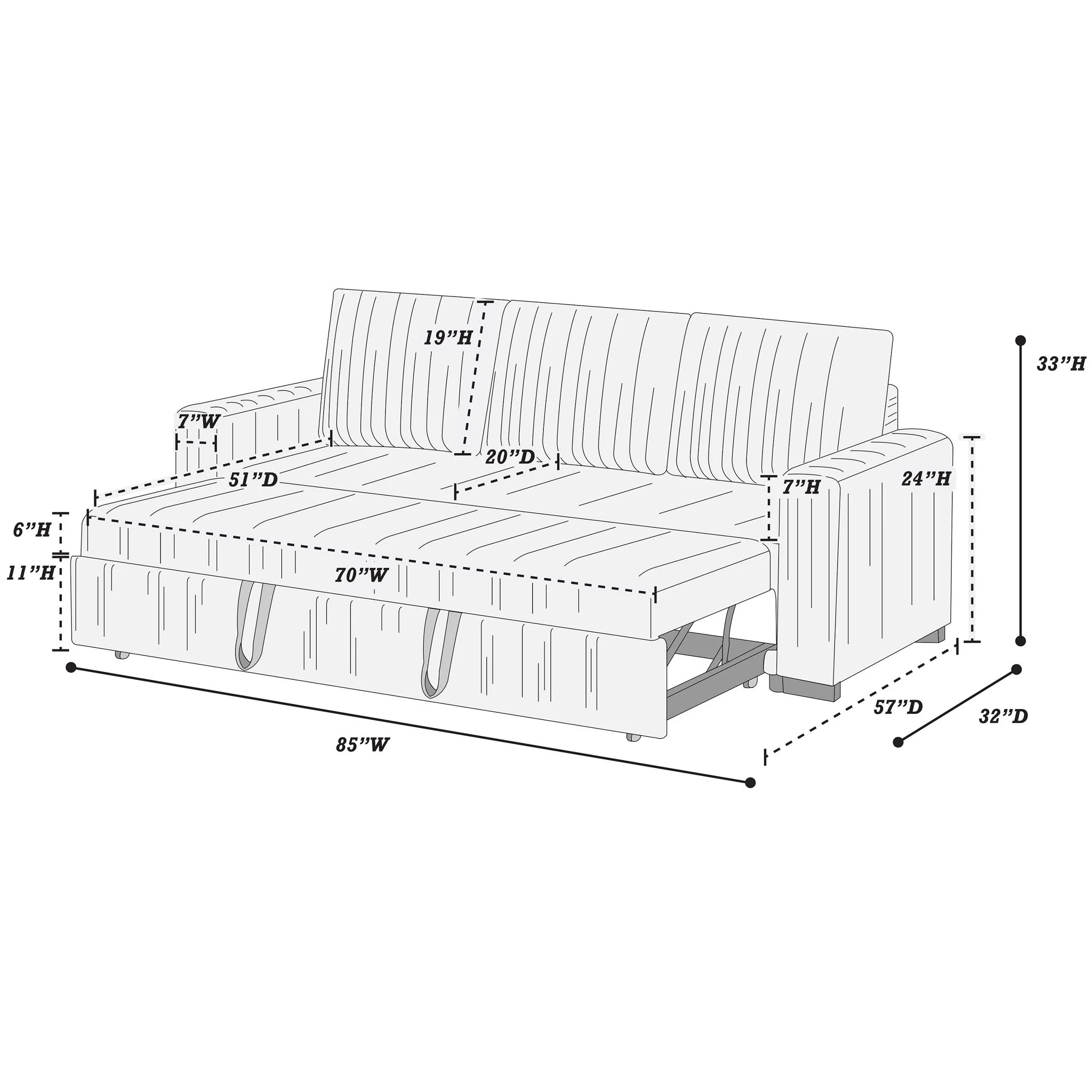 Convertible Sleeper Sofa With Pull Out Bed, Upholstery, Square Arms - Dark Gray - Image 3