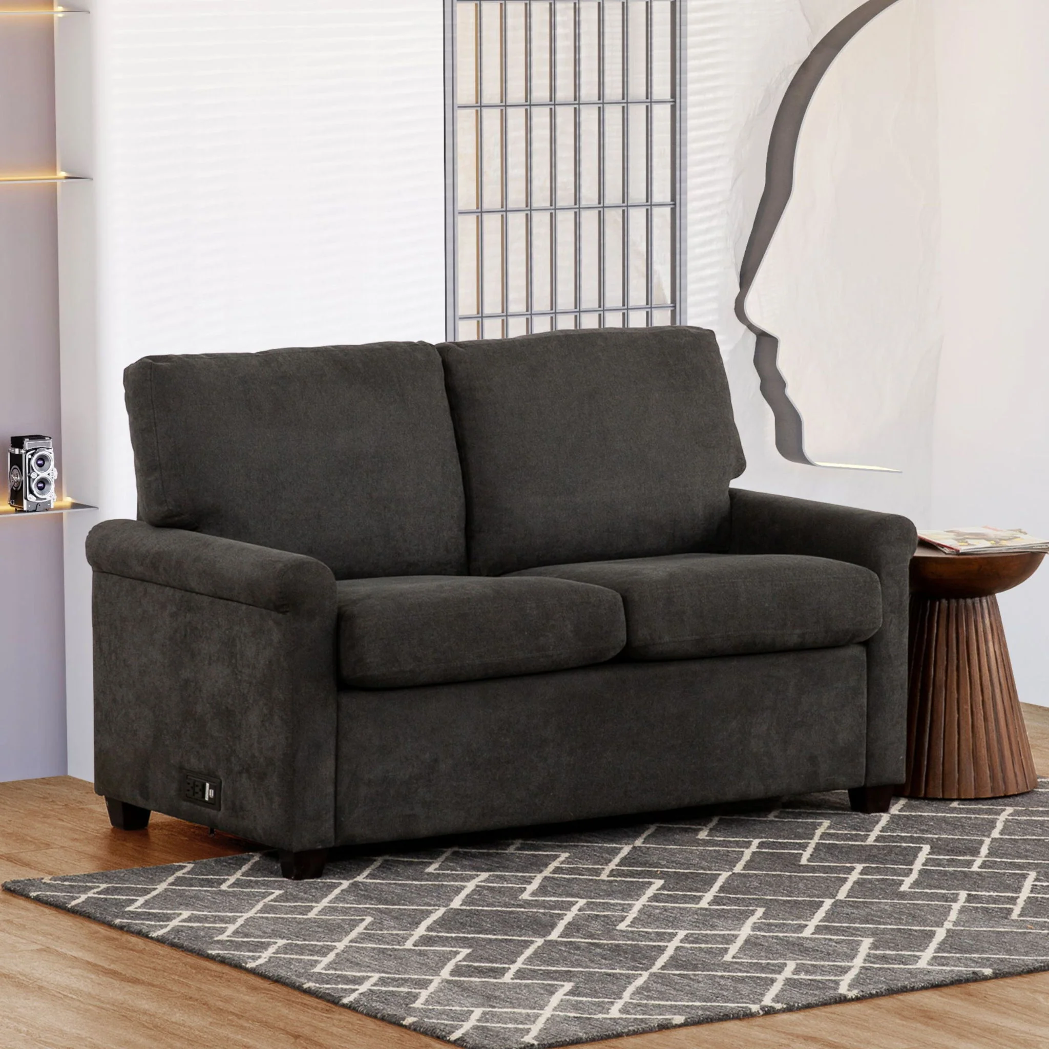 Convertible Twin Sleeper Sofa With USB Ports, 2 Seater Upholstered Loveseat - Dark Gray - Image 4