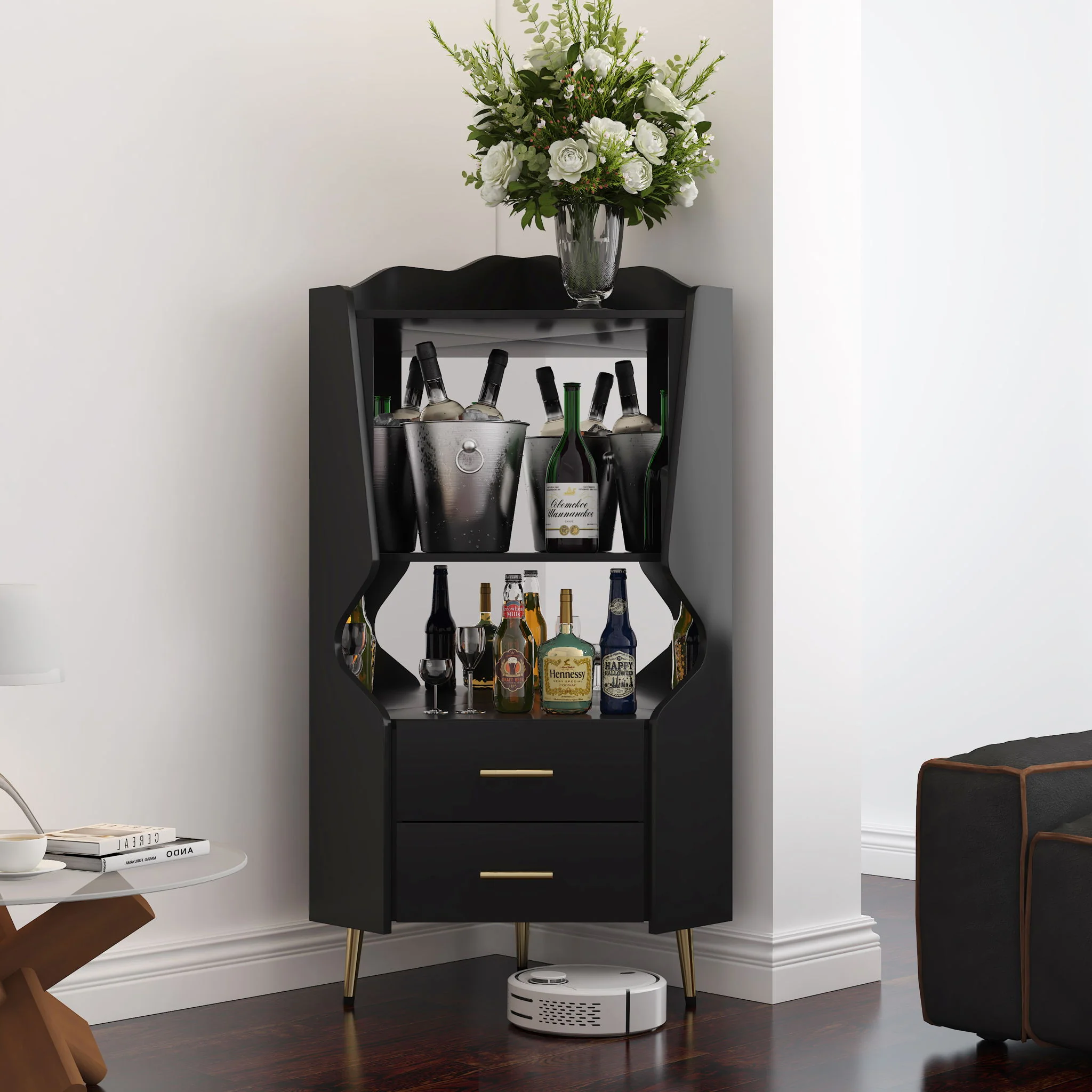 Corner Bar Cabinet With Mirrored Back, 2 Open Shelves & 2 Drawers, High Legs For Easy Cleaning - Image 19