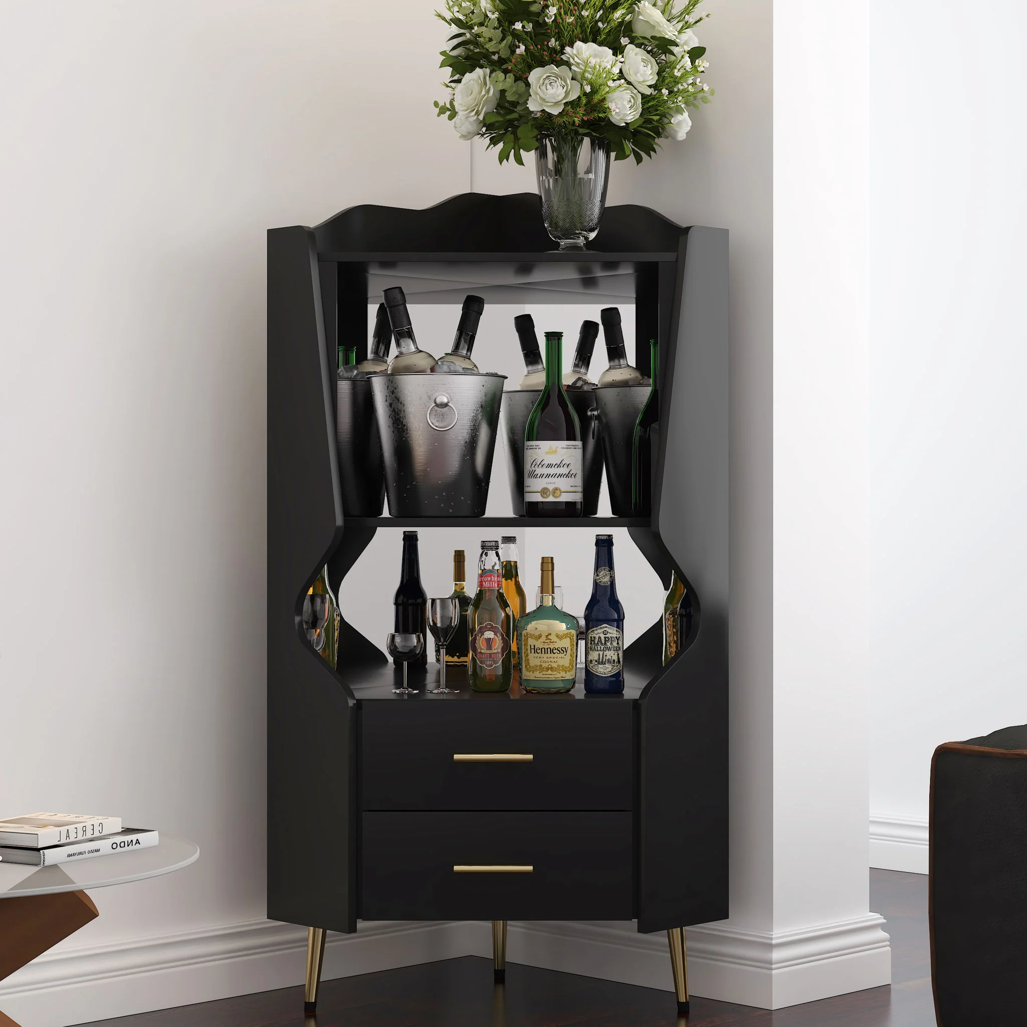 Corner Bar Cabinet With Mirrored Back, 2 Open Shelves & 2 Drawers, High Legs For Easy Cleaning - Image 20