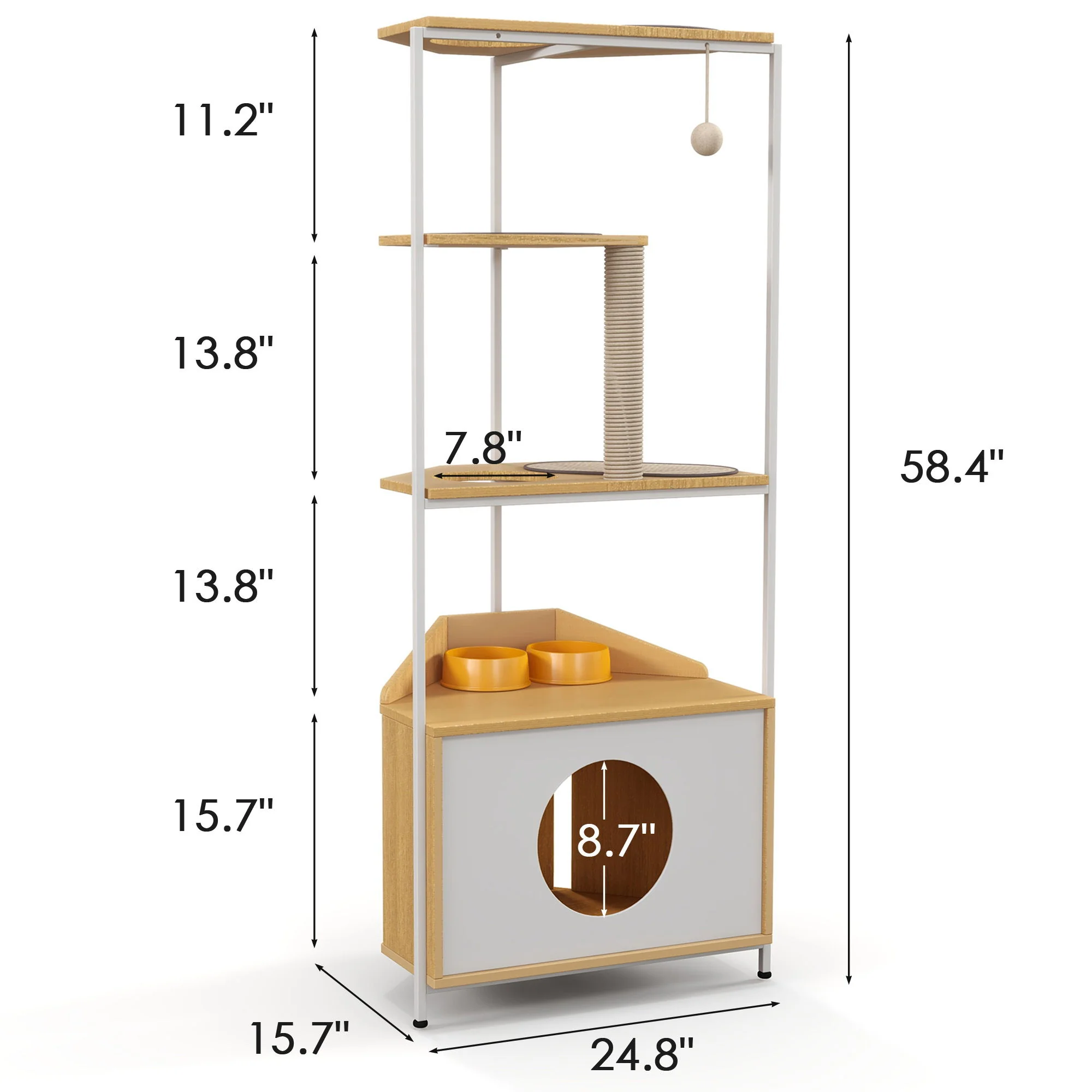 Corner Cat Tower, Cat Tree With Scratching Post, Cat Condo With Feeding Station And Climbing Platforms, Pet Furniture For Indoor Cats - White / Light Oak - Image 6