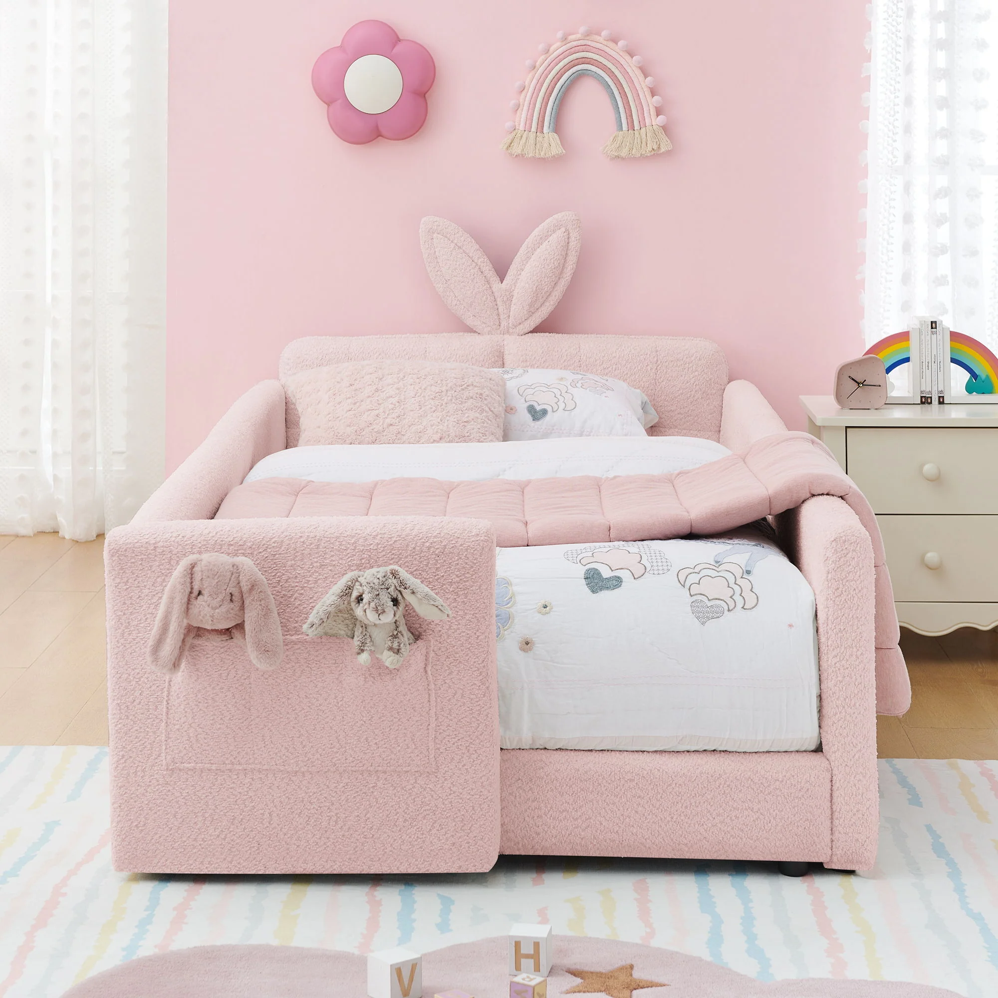 Cute Rabbit Ear Upholstered Platform Bed Frame With Safety Rail - Image 44