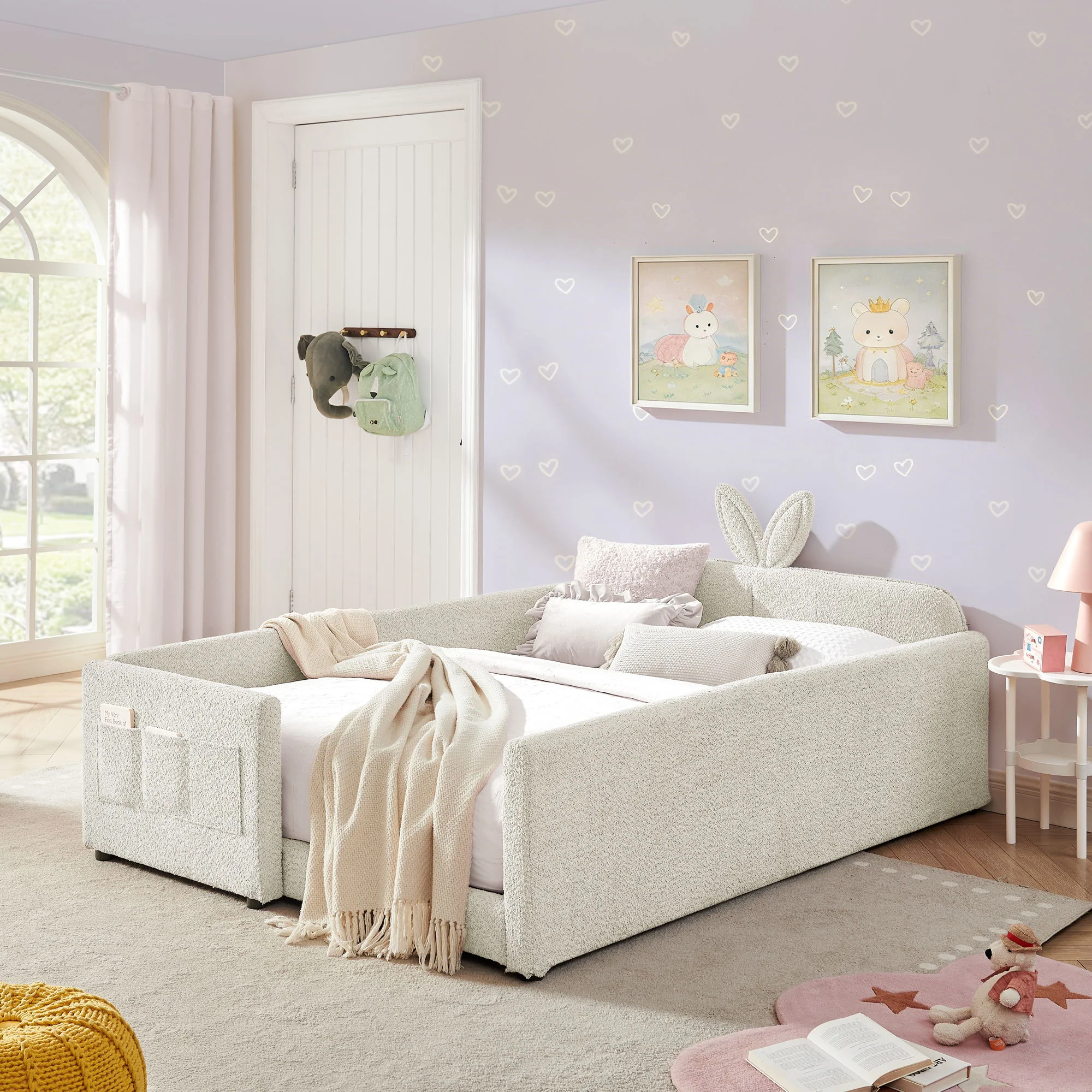 Cute Rabbit Ear Upholstered Platform Bed Frame With Safety Rail - Image 53