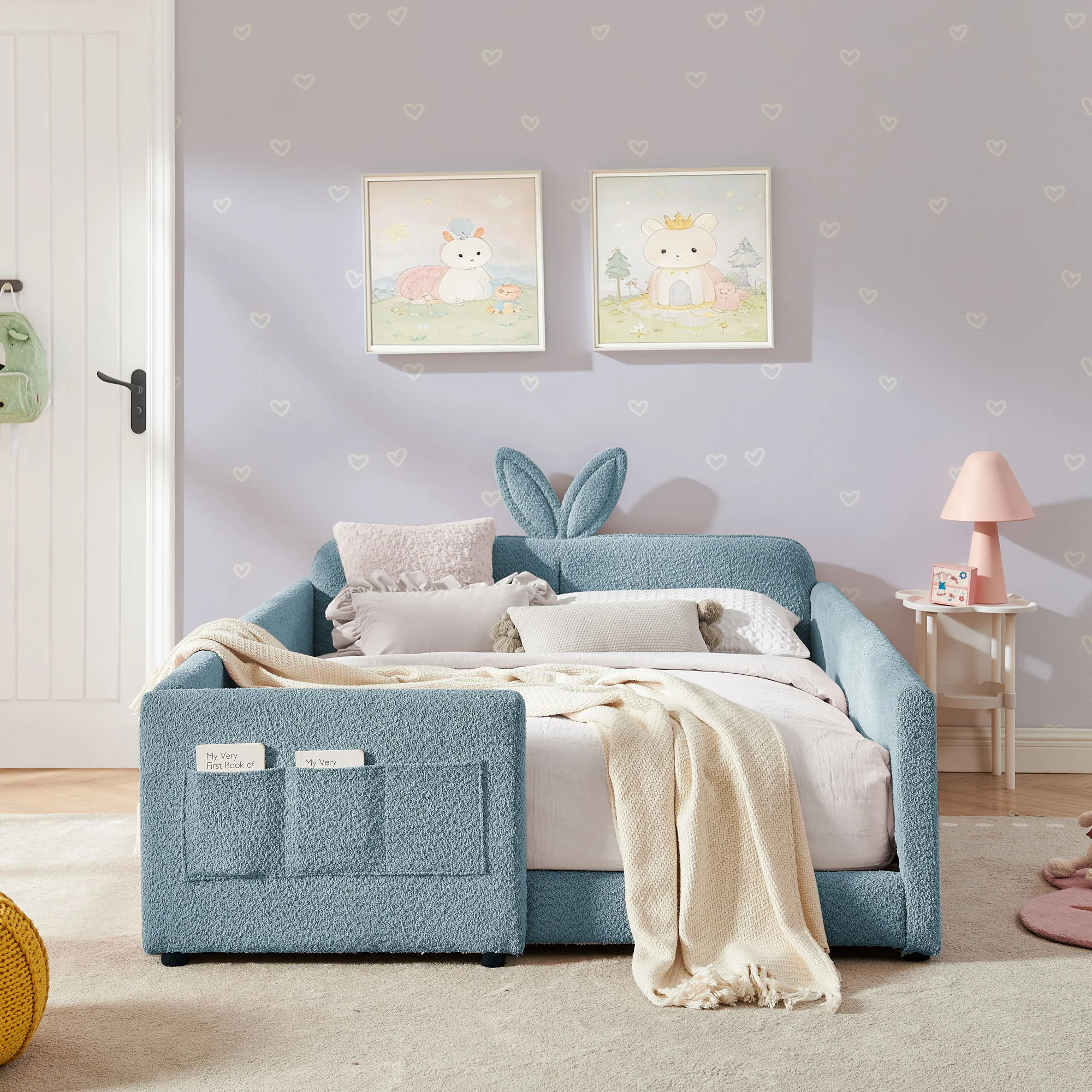 Cute Rabbit Ear Upholstered Platform Bed Frame With Safety Rail - Image 65
