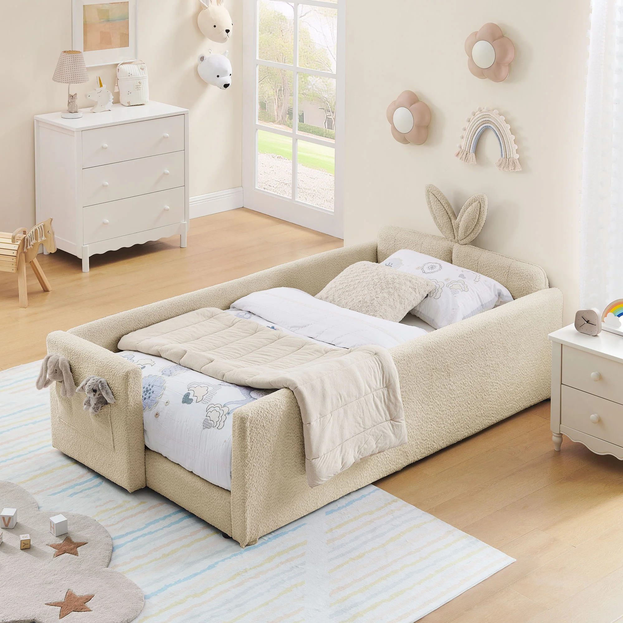 Cute Rabbit Ear Upholstered Platform Bed Frame With Safety Rail - Image 74