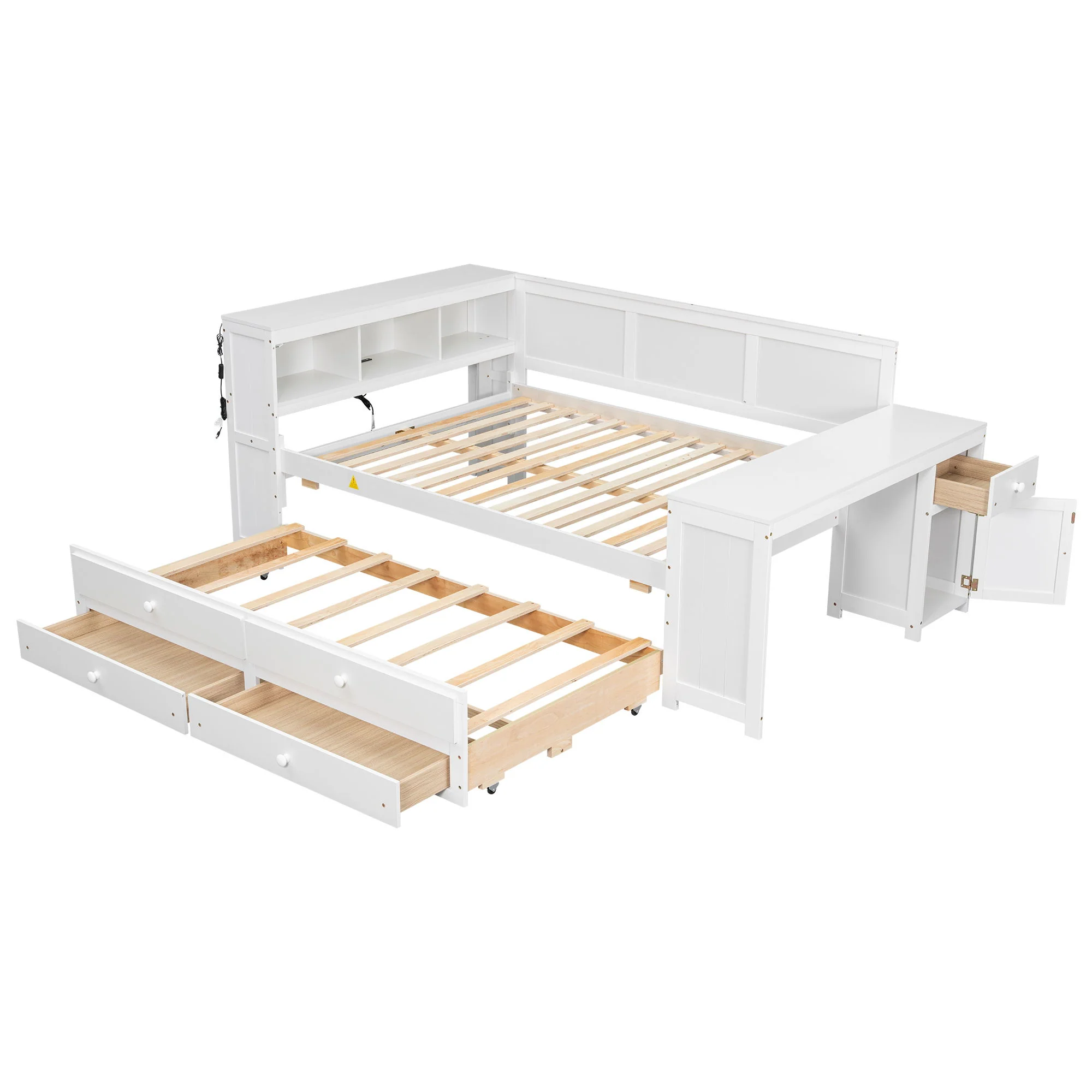 Daybed With Storage Shelves, Drawers, Trundle, Charging Station, LED Light, Desk And Cabinet - Image 10