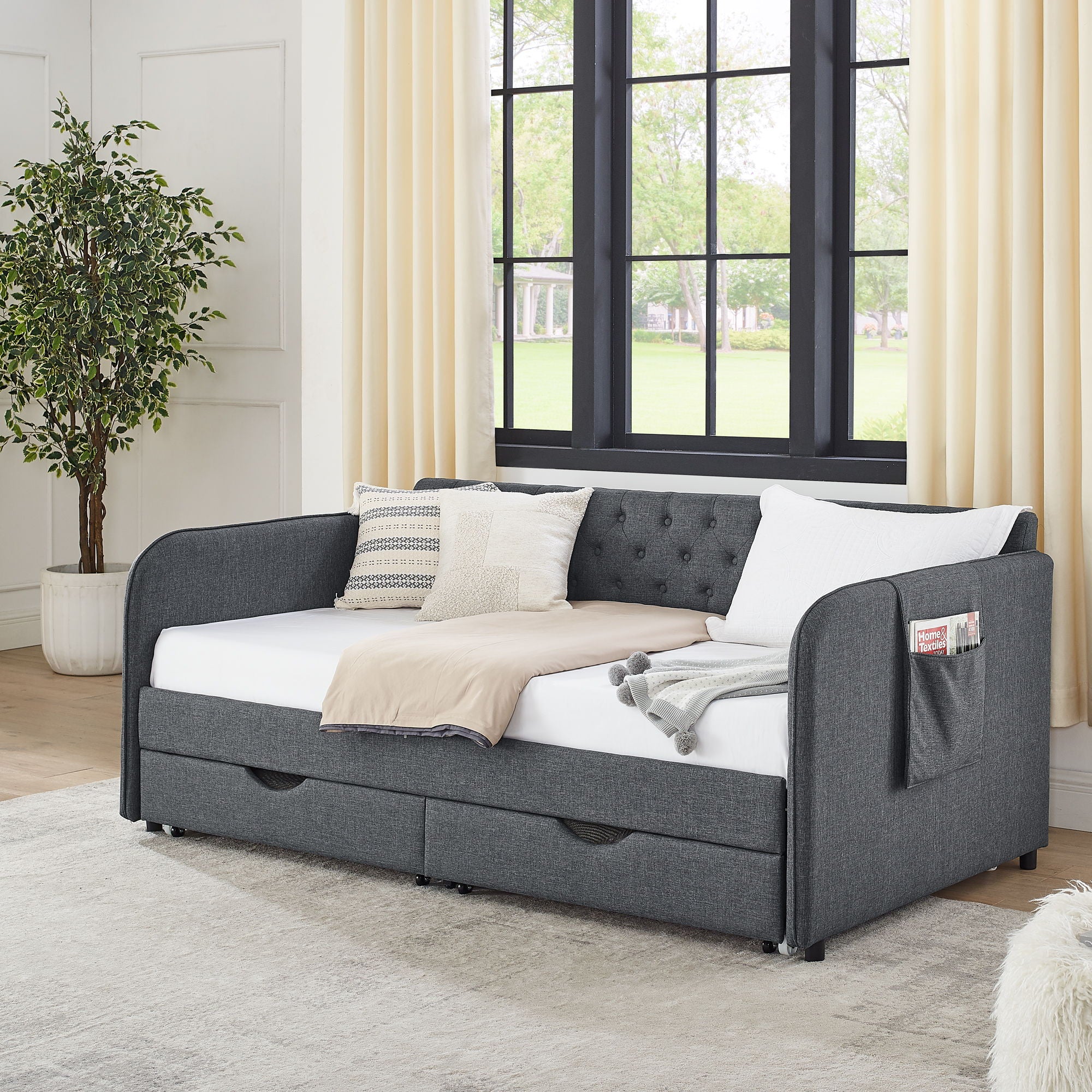 Daybed With Trundle And Storage Drawers, Flat Arms With Pocket - Image 13