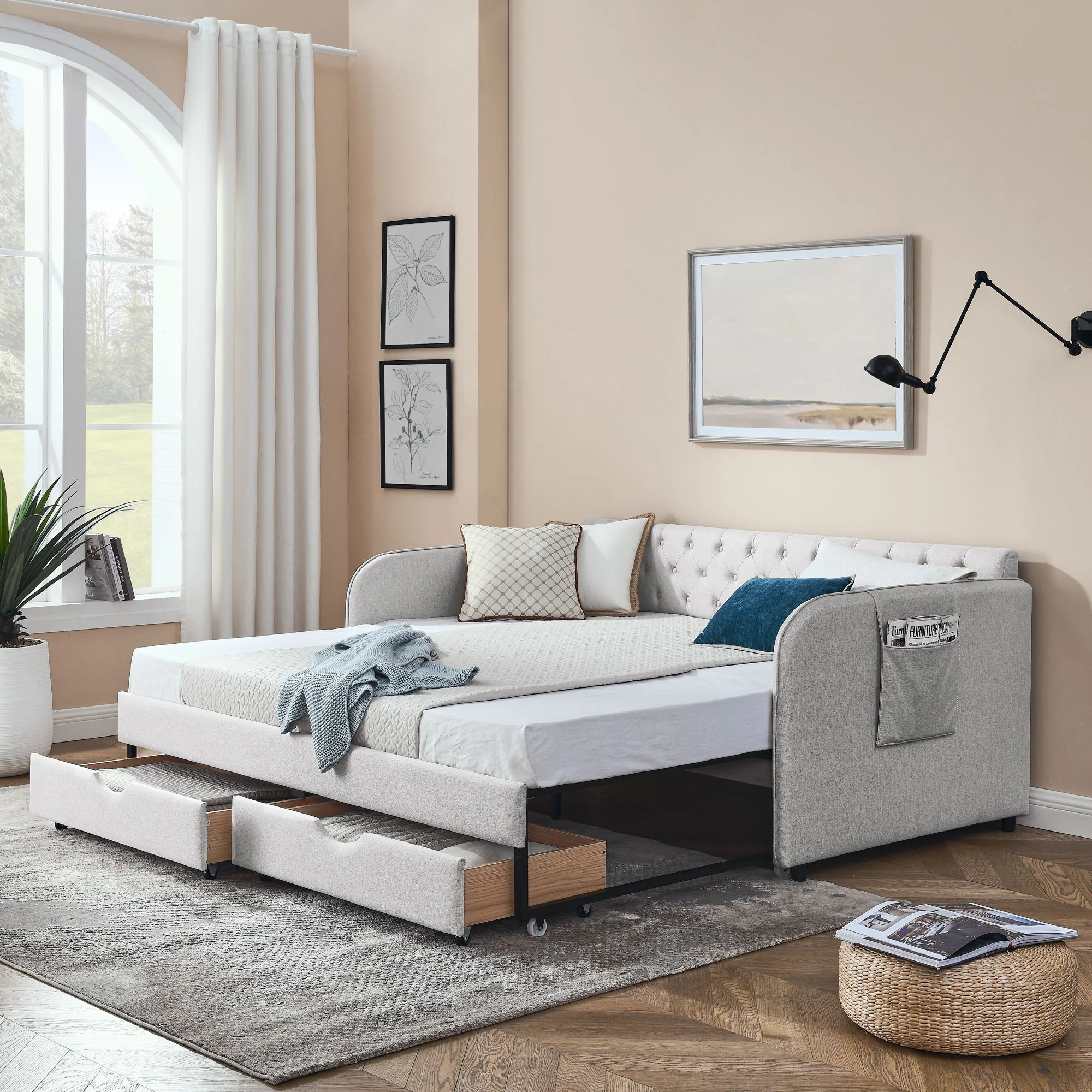 Daybed With Trundle And Storage Drawers, Flat Arms With Pocket - Image 15