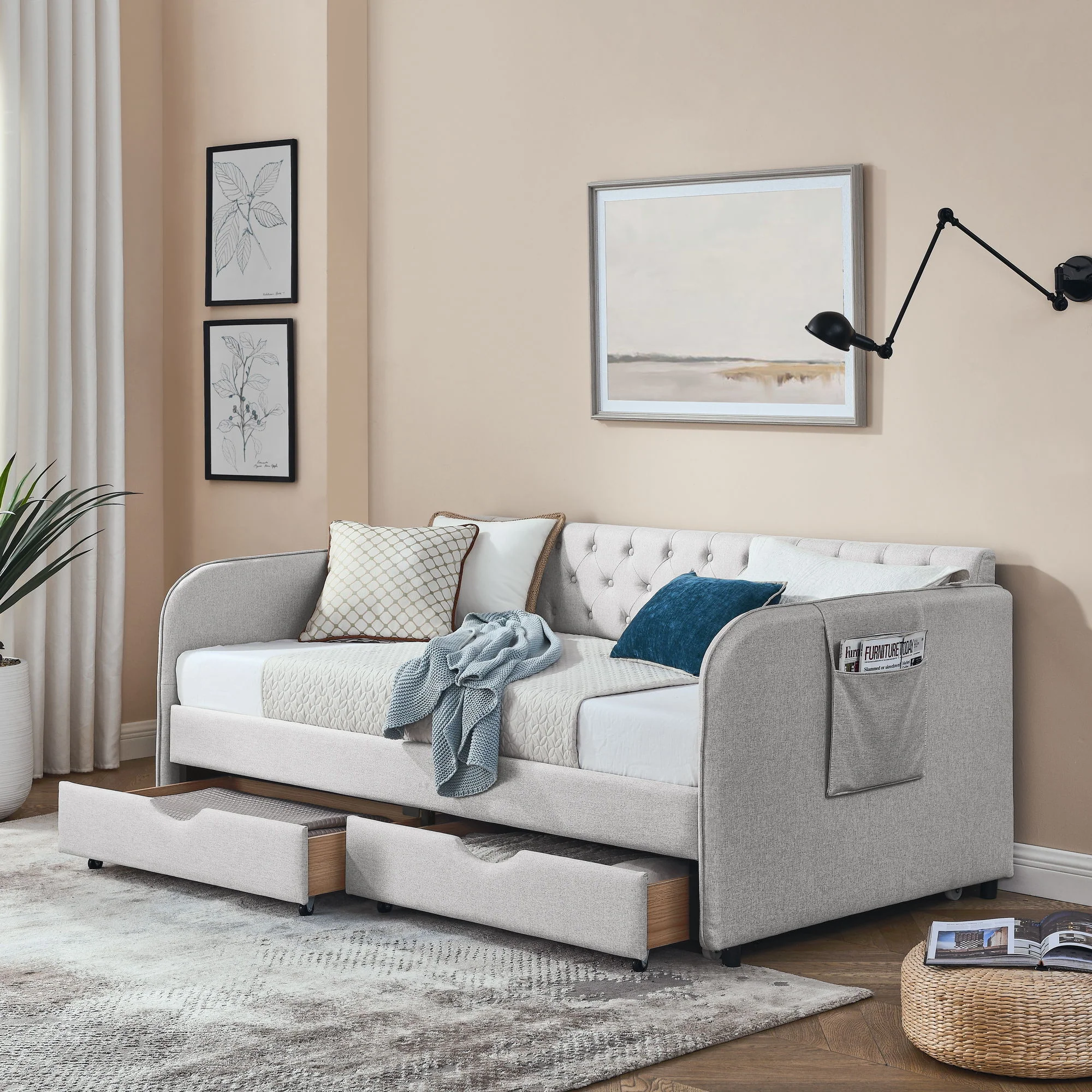 Daybed With Trundle And Storage Drawers, Flat Arms With Pocket - Image 5
