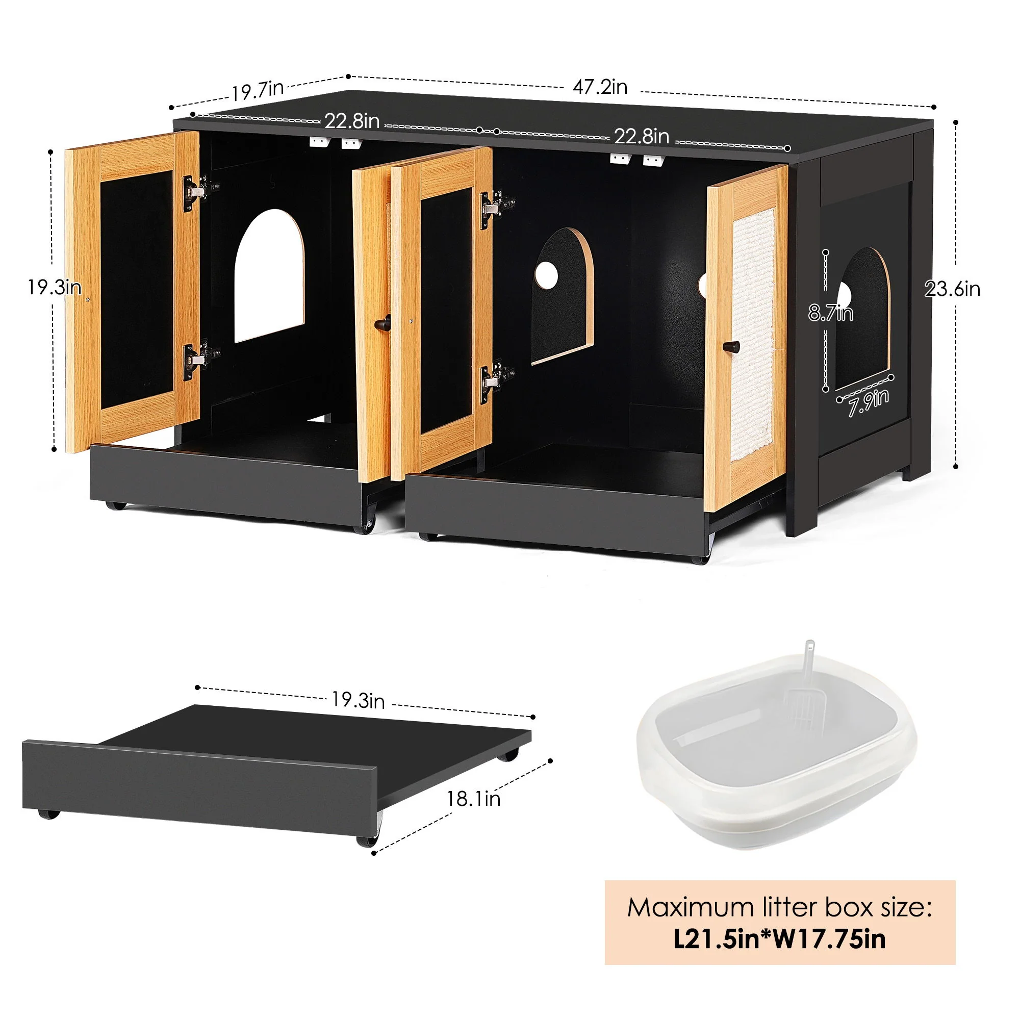 Double Litter Box Enclosure, Cat Litter Box Enclosure For 2 Cats, Hidden Litter Box Furniture With Rattan Doors - Black - Image 8