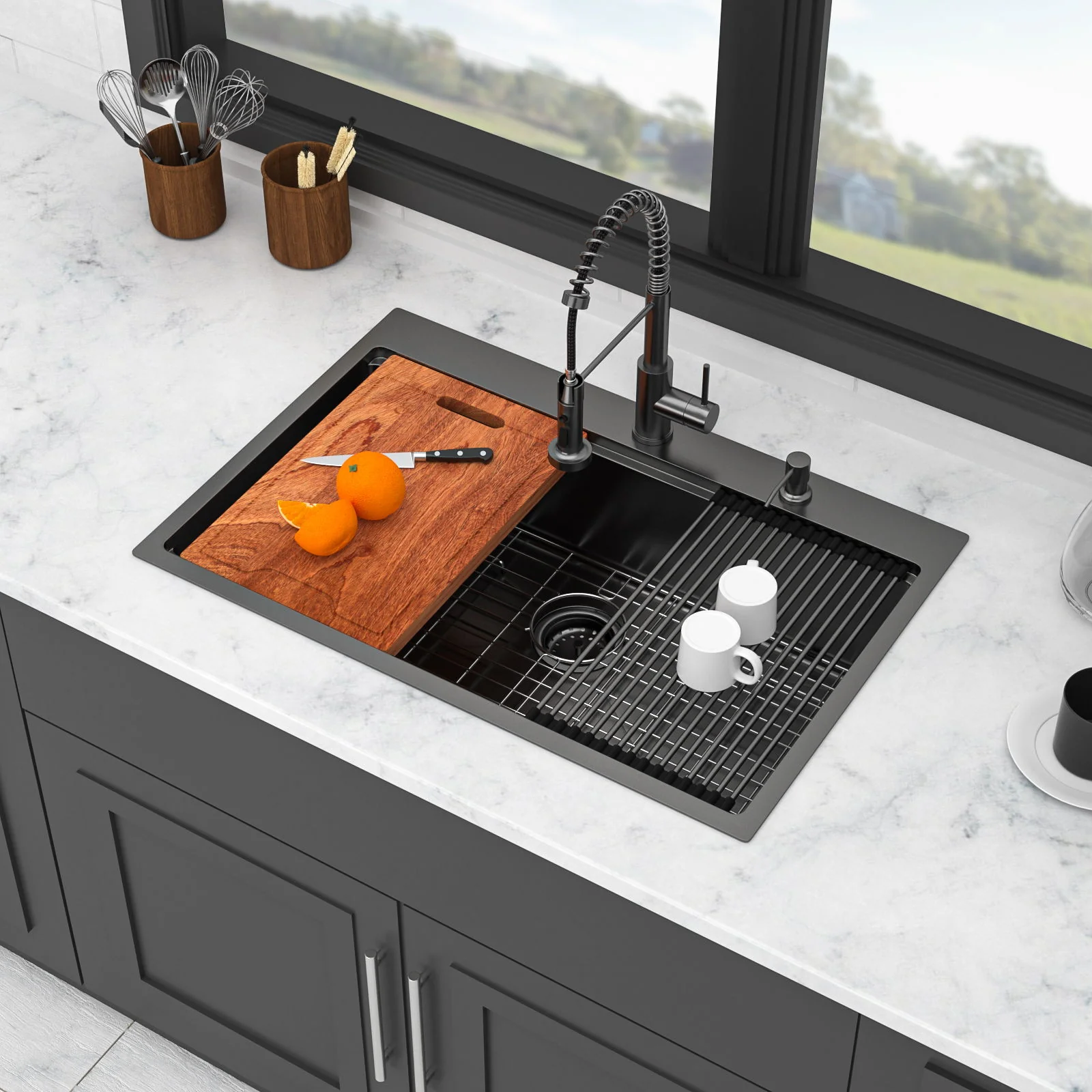 Drop In Kitchen Sink With Pull Out Faucet And Soap Dispenser, Single Bowl Topmount Sink - Gunmetal Black - Image 9