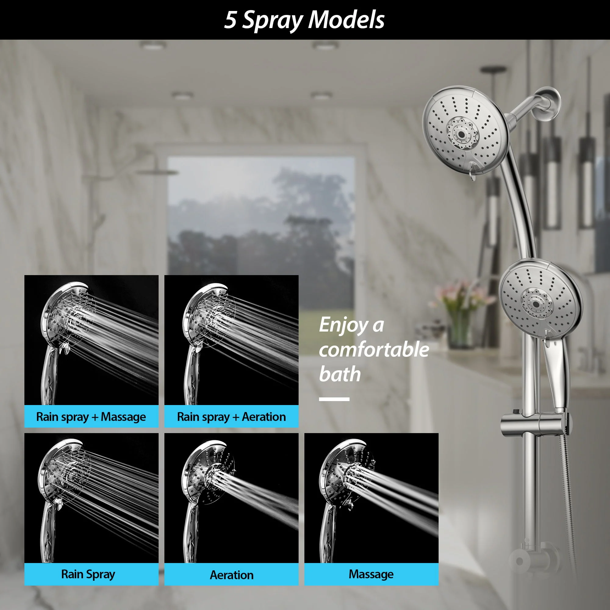 Dual Shower Head With Adjustable Slide Bar And Multi Function Settings - Image 18