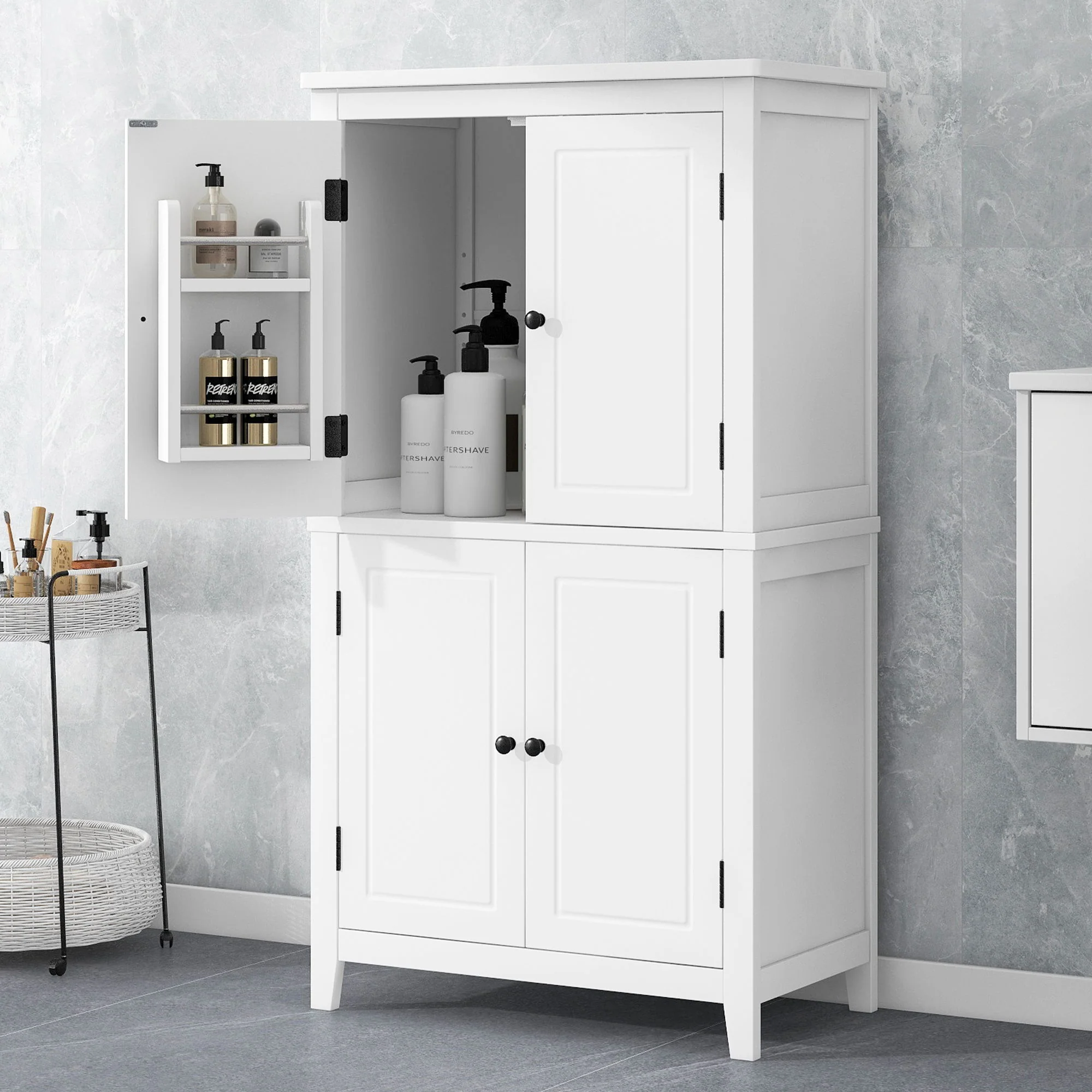 Elegant Bathroom Floor Storage Cabinet With 4 Doors, Adjustable Shelves - Image 4