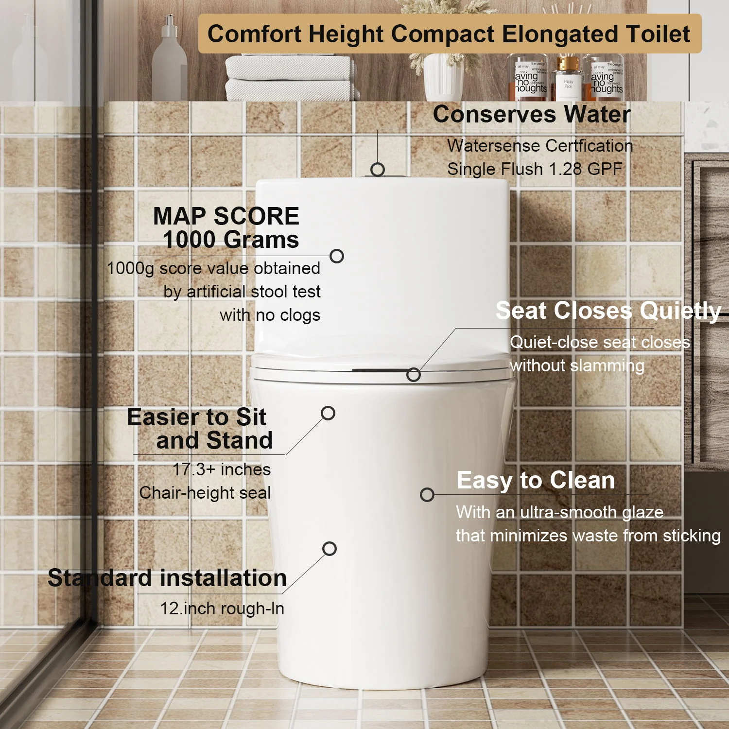 Elegant One Piece Toilet With Tornado Dual Flush, Siphonic S Trap 12", Soft Close Seat, Dual Flush, Ada Height, Glossy - Gloss White - Image 2