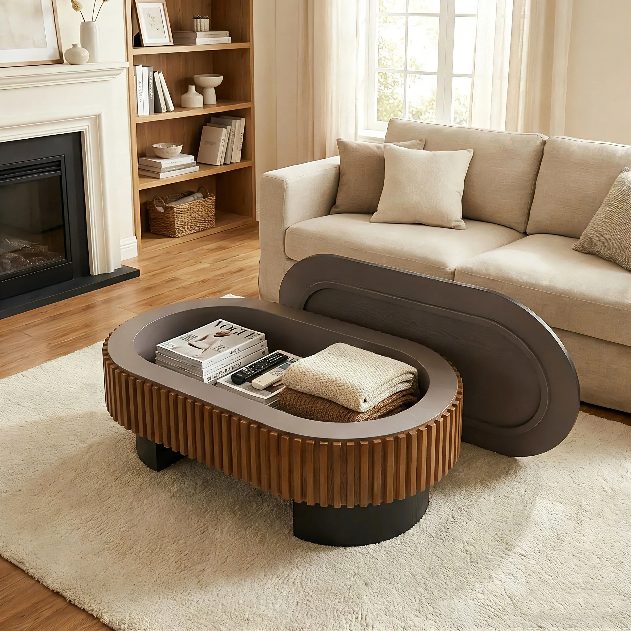 Elliptical Living Room Coffee Table With Hidden Storage And Removable Tabletop - Image 4