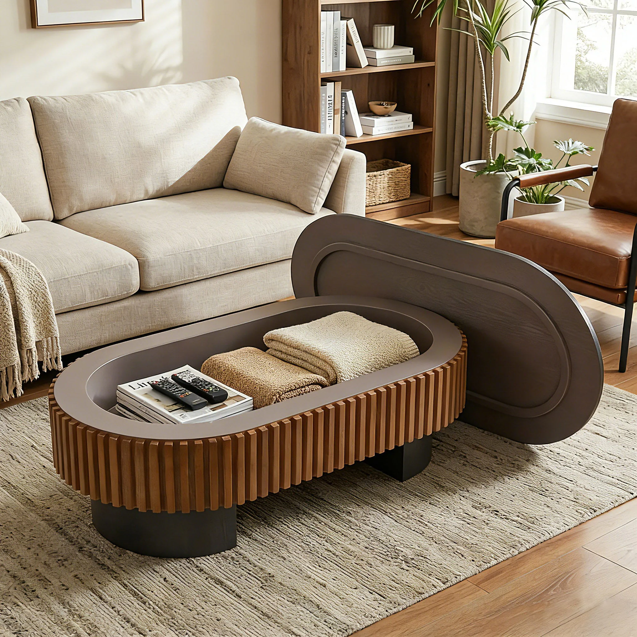 Elliptical Living Room Coffee Table With Hidden Storage And Removable Tabletop - Image 9
