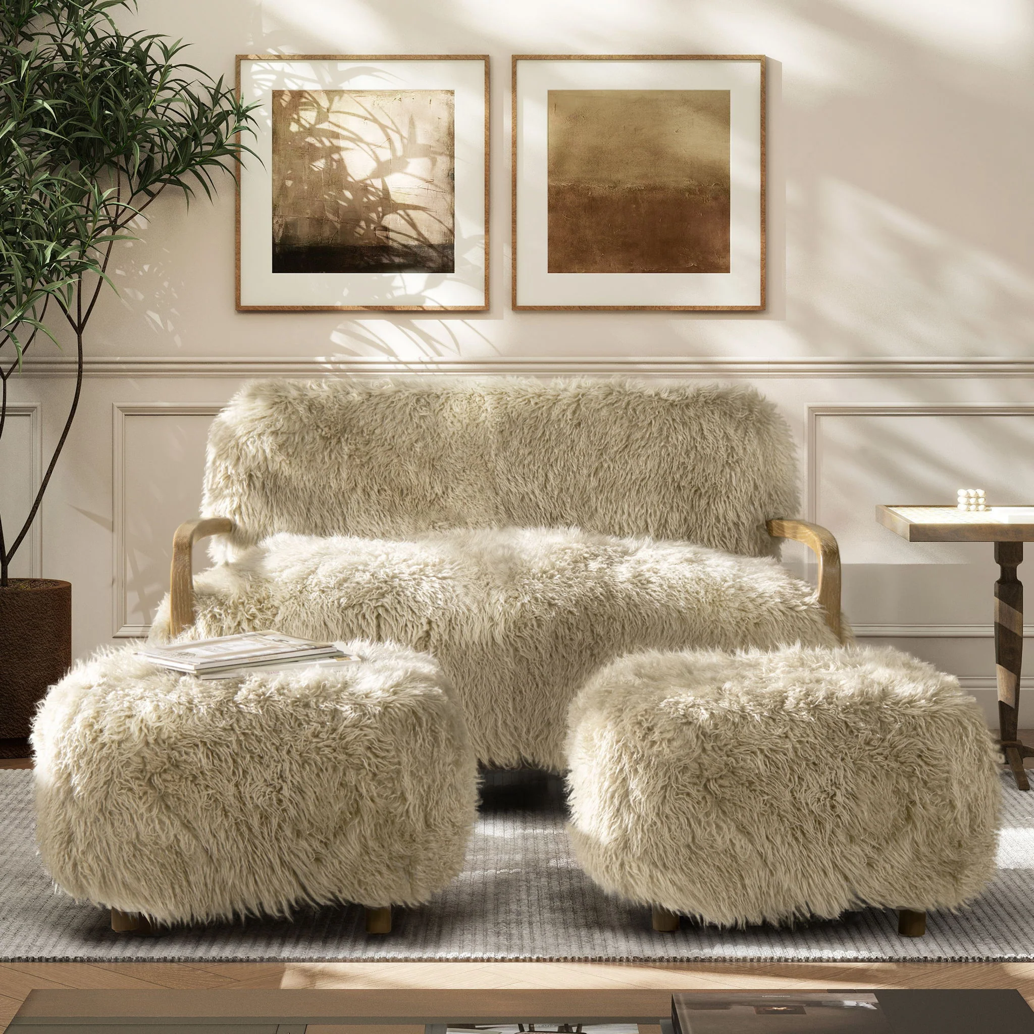 Enchante - New Zealand Sheepskin Rectangular Accent Ottoman - Taupe / Natural - Image 3