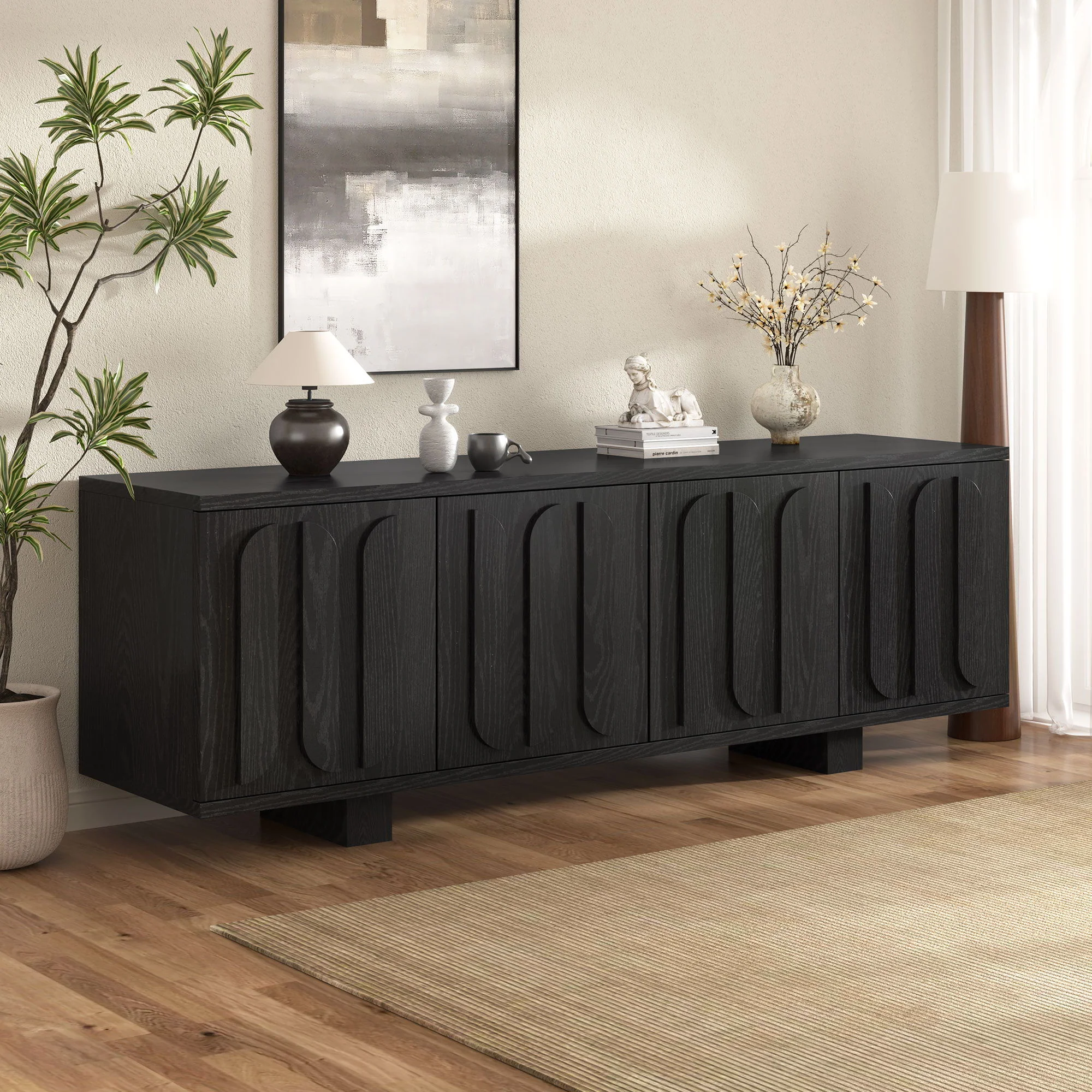Farmhouse TV Stand, Storage Media Console With Adjustable Shelves & 3 Cable Holes - Image 15