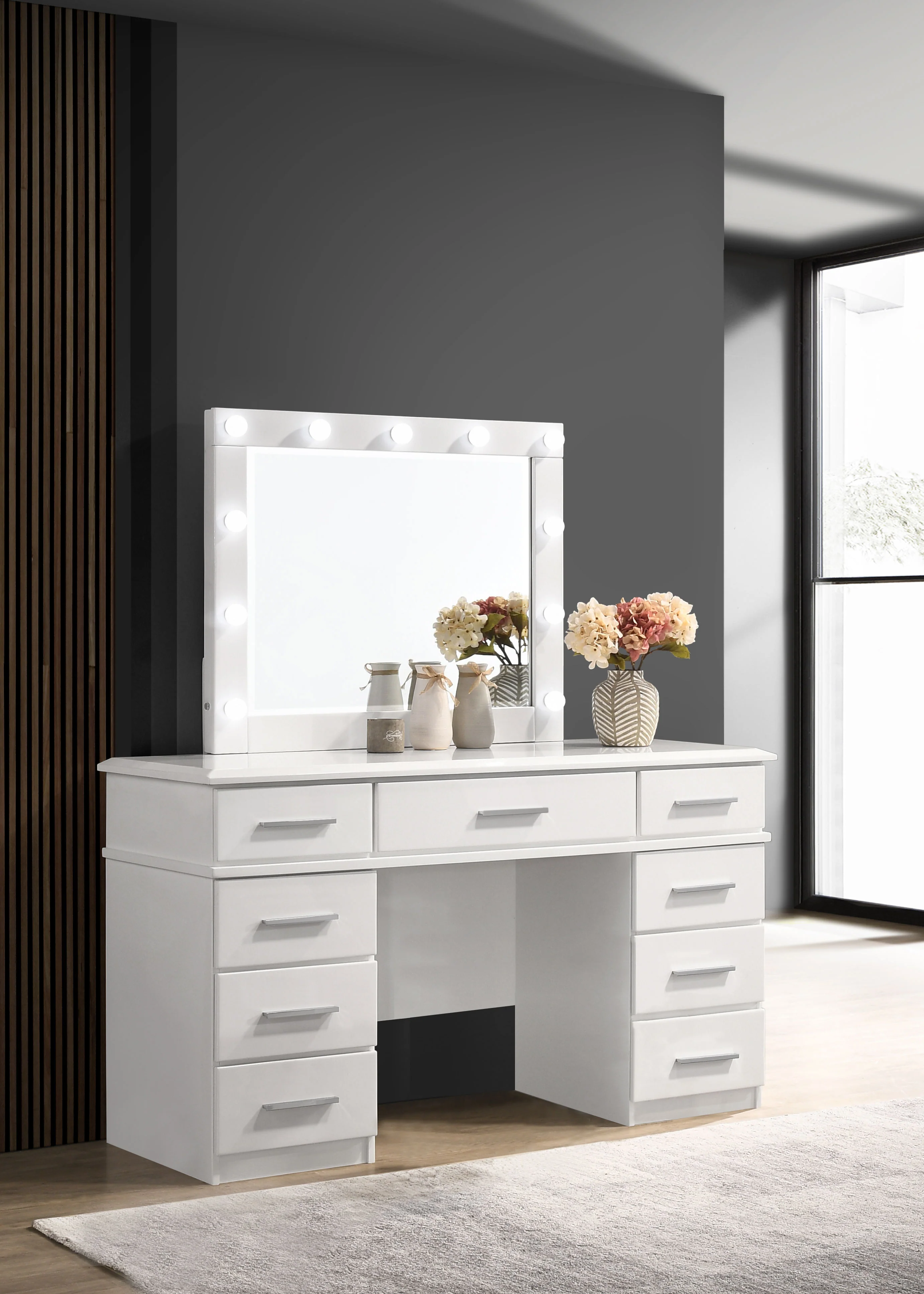 Felicity 9-Drawer Vanity Table with Lighted Mirror, White Gloss - Image 4