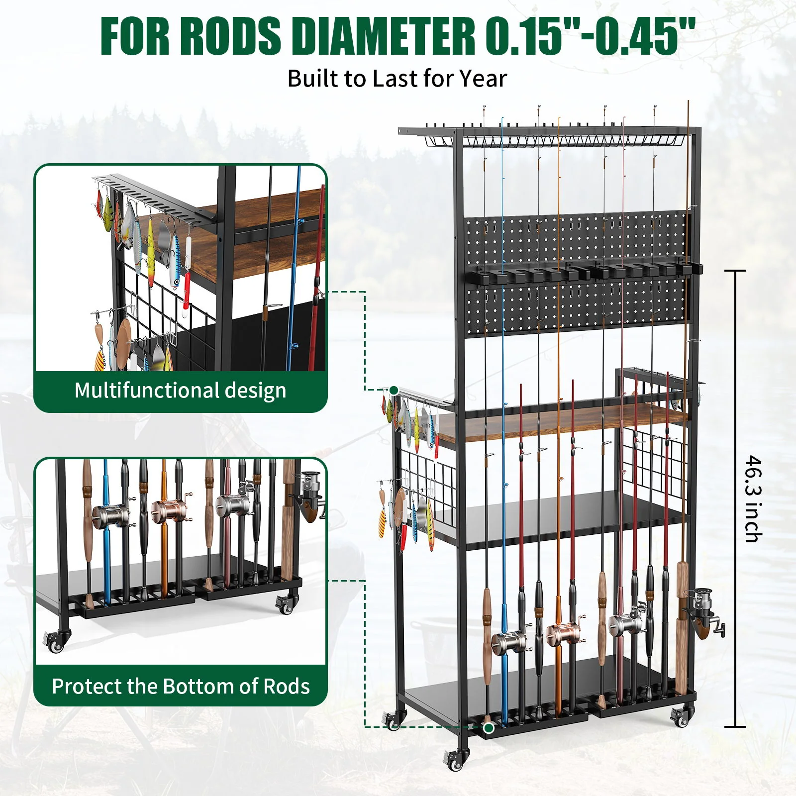 Fishing Rod Storage Rack With Pegboard, Rolling Tackle Organizer Cart - Black - Image 4